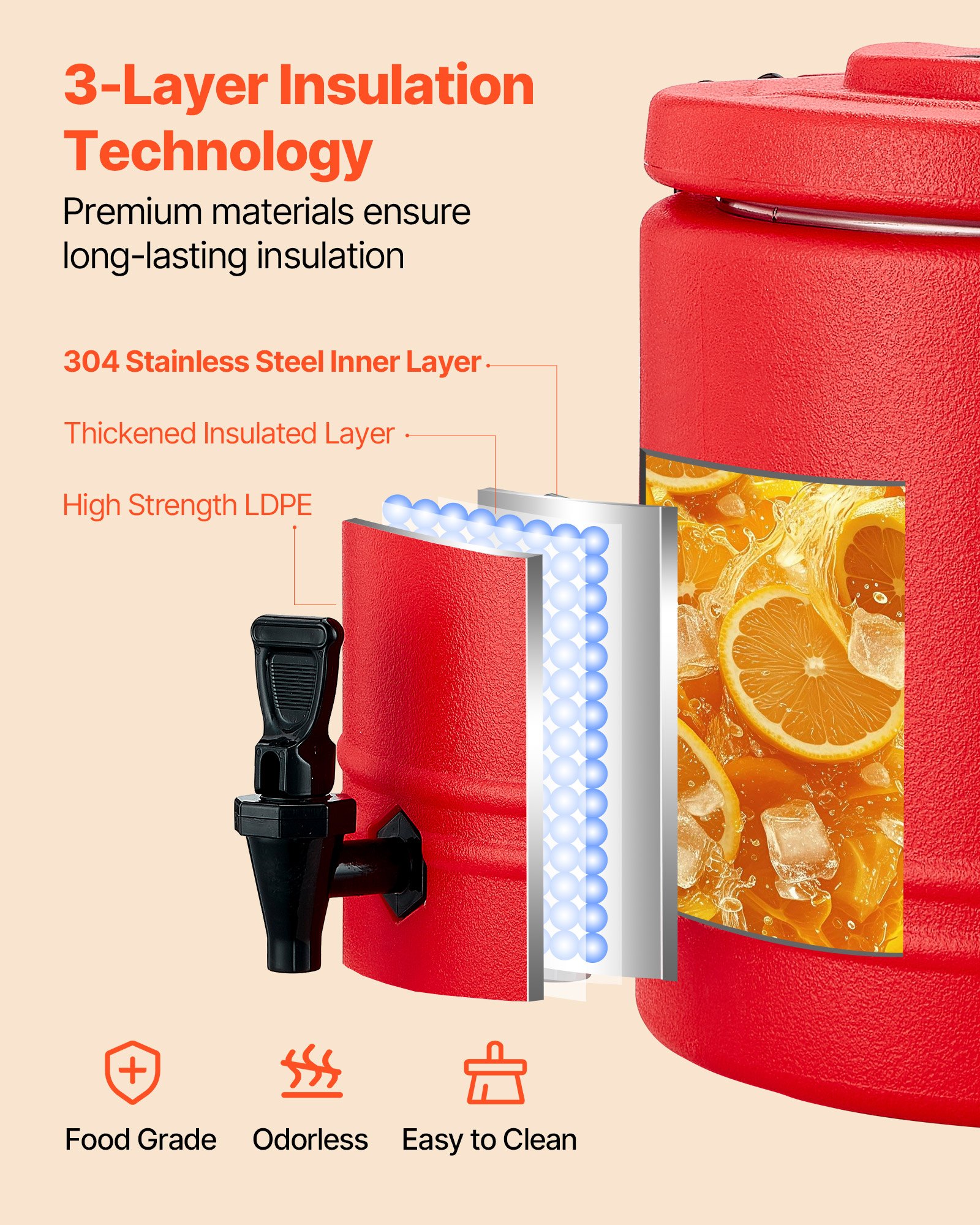 VEVOR Insulated Beverage Dispenser, 2.2 Gal/8L Thermal Hot and Cold Drink Server Dispenser with Spigot, Food-Grade Cooler Jug with 304 Stainless Steel Interior, for Tea Coffee Restaurant Outdoor