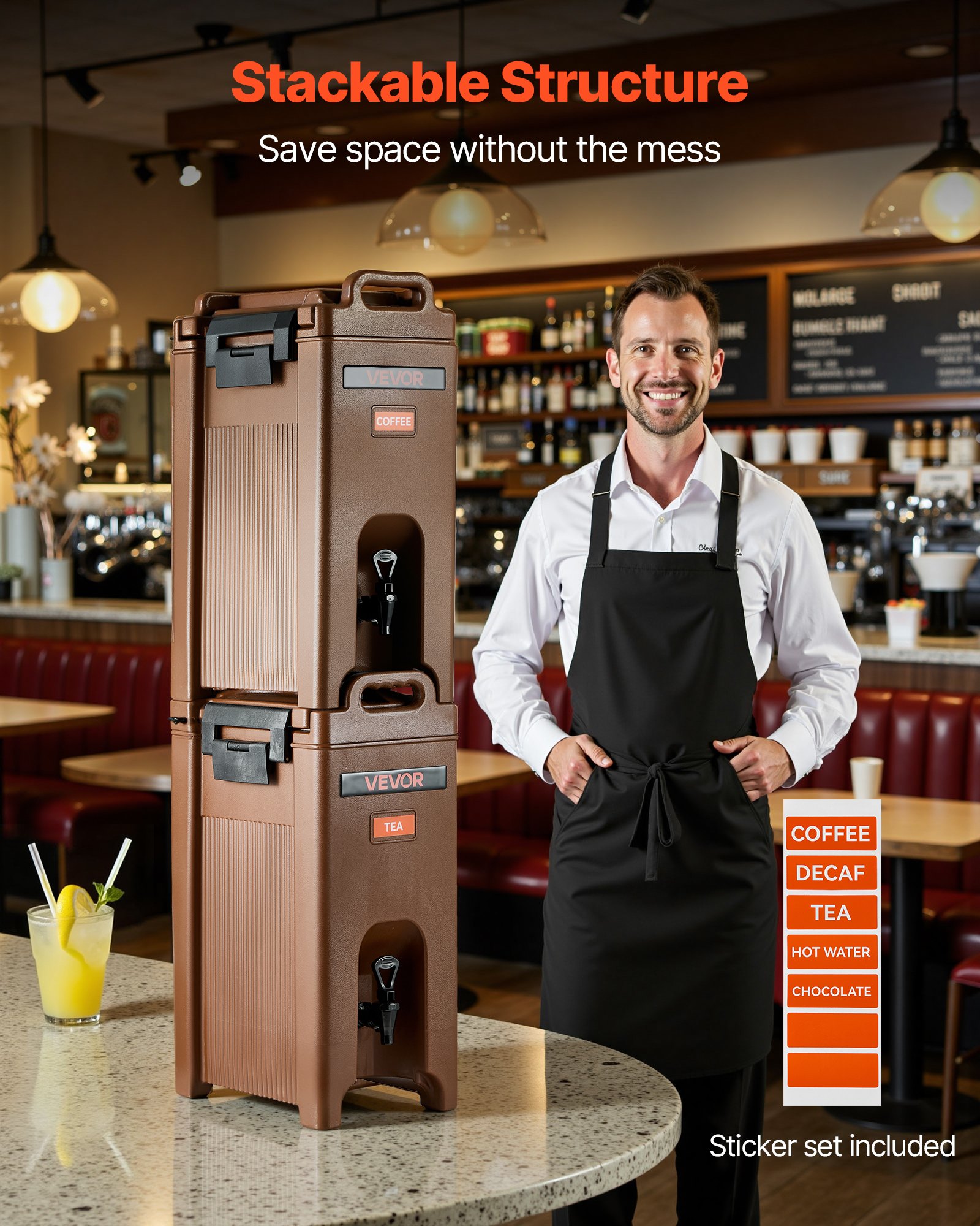 VEVOR Insulated Beverage Dispenser, 5 Gal/19L Hot and Cold Beverage Server with Spigot & Handle, Food-Grade Thermal Drink Dispenser Cooler for Tea Coffee Water in Cafes & Restaurants, Brown