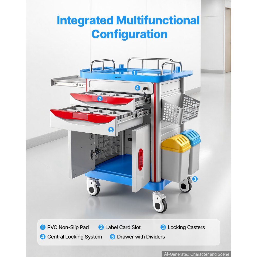 VEVOR Medische Trolley 110 kg Laboratoriumtrolley Medische Servicetrolley 830x545x1020 mm, voor ziekenhuizen, klinieken en laboratoria, Geluidsarme transporttrolley met kast, lades, mand, 360° zwenkwielen