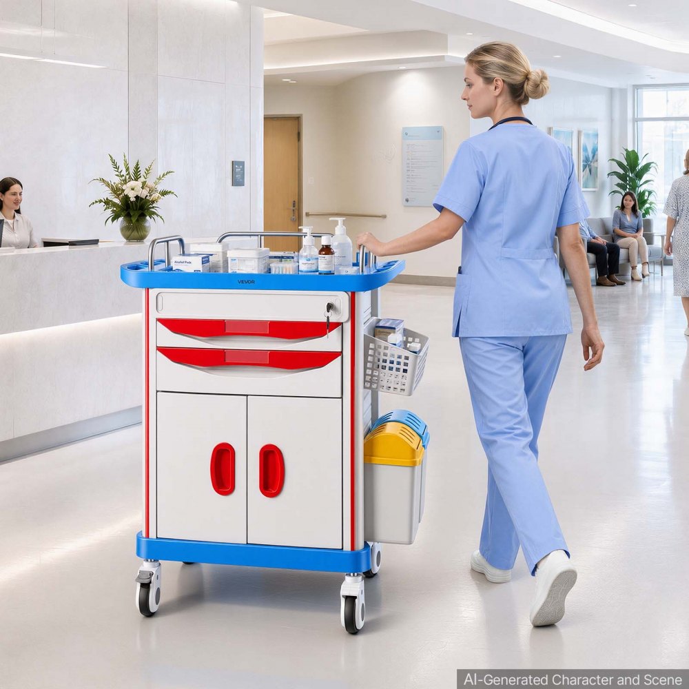 VEVOR Medische Trolley 110 kg Laboratoriumtrolley Medische Servicetrolley 830x545x1020 mm, voor ziekenhuizen, klinieken en laboratoria, Geluidsarme transporttrolley met kast, lades, mand, 360° zwenkwielen