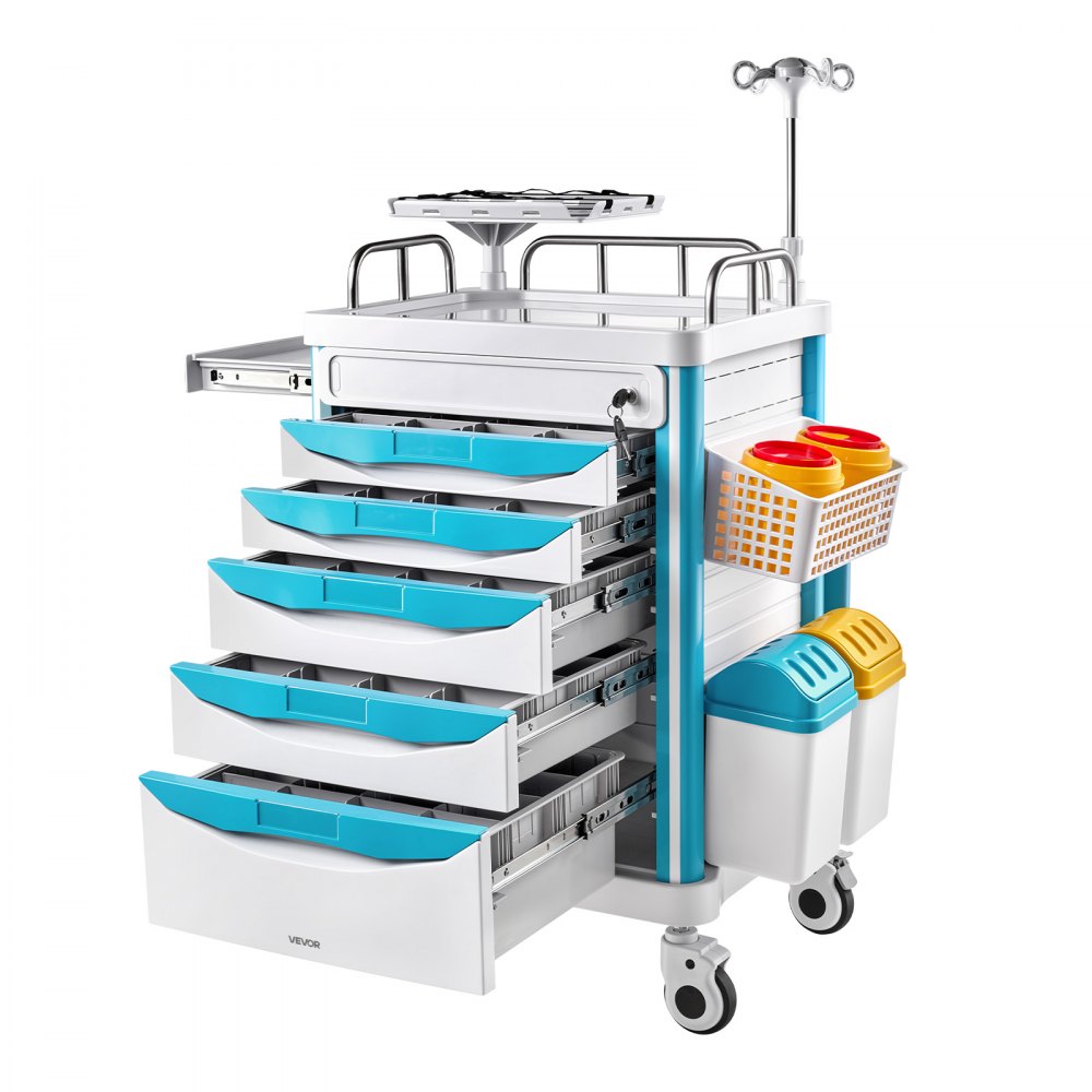 VEVOR Medische Trolley 110 kg Laboratoriumtrolley Medische Servicetrolley 84x68x165 cm, voor klinieken, ziekenhuizen en laboratoria, Geluidsarme transporttrolley met 5 laden, 360° draaibaar, Vergrendelbare wielen