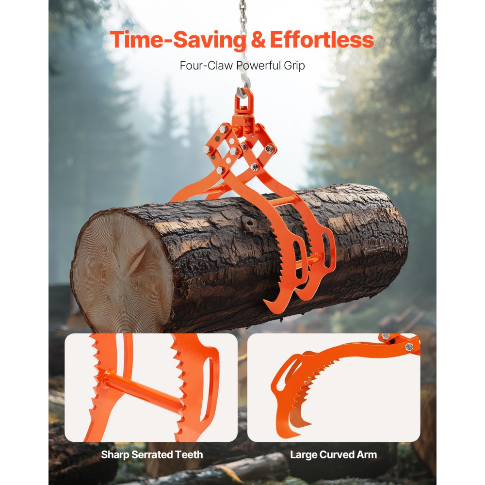 VEVOR 28in Log Lifting Tongs, 4-Claw Log Tongs, Heavy Duty Steel Log Grapple, 2650LBS Lifting Capacity, Swivel Log Graper Timber, Eagle Claw Design, Log Skidding Tongs for Trucks, Tractors, Forklifts