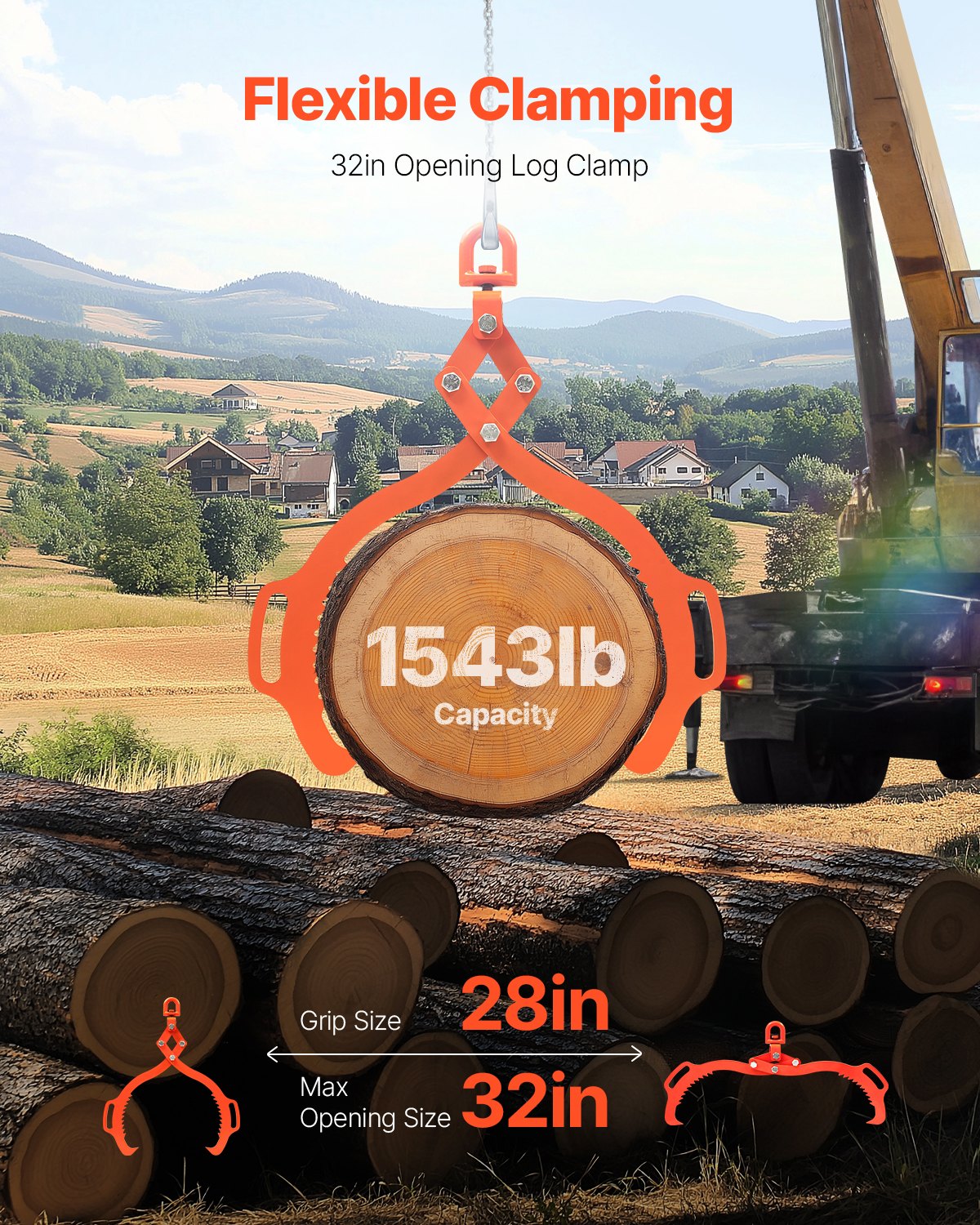 VEVOR 32in Log Lifting Tongs, 2-Claw Log Tongs, Heavy Duty Steel Log Grapple, 1543LBS Lifting Capacity, Swivel Log Graper Timber, Eagle Claw Design, Log Skidding Tongs for Trucks, Tractors, Forklifts