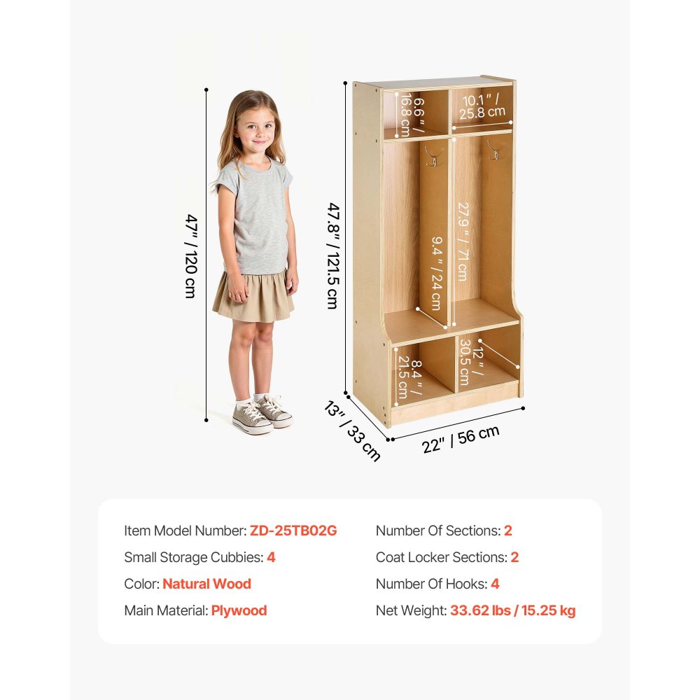 VEVOR Open Kinderkledingkast van multiplex, Kinderkledingkast met 4 haken en 6 vakken (2 grote + 4 kleine), kledingkastplank en opbergplank voor kinderkamer, thuis, kleuterschool, kinderdagverblijf