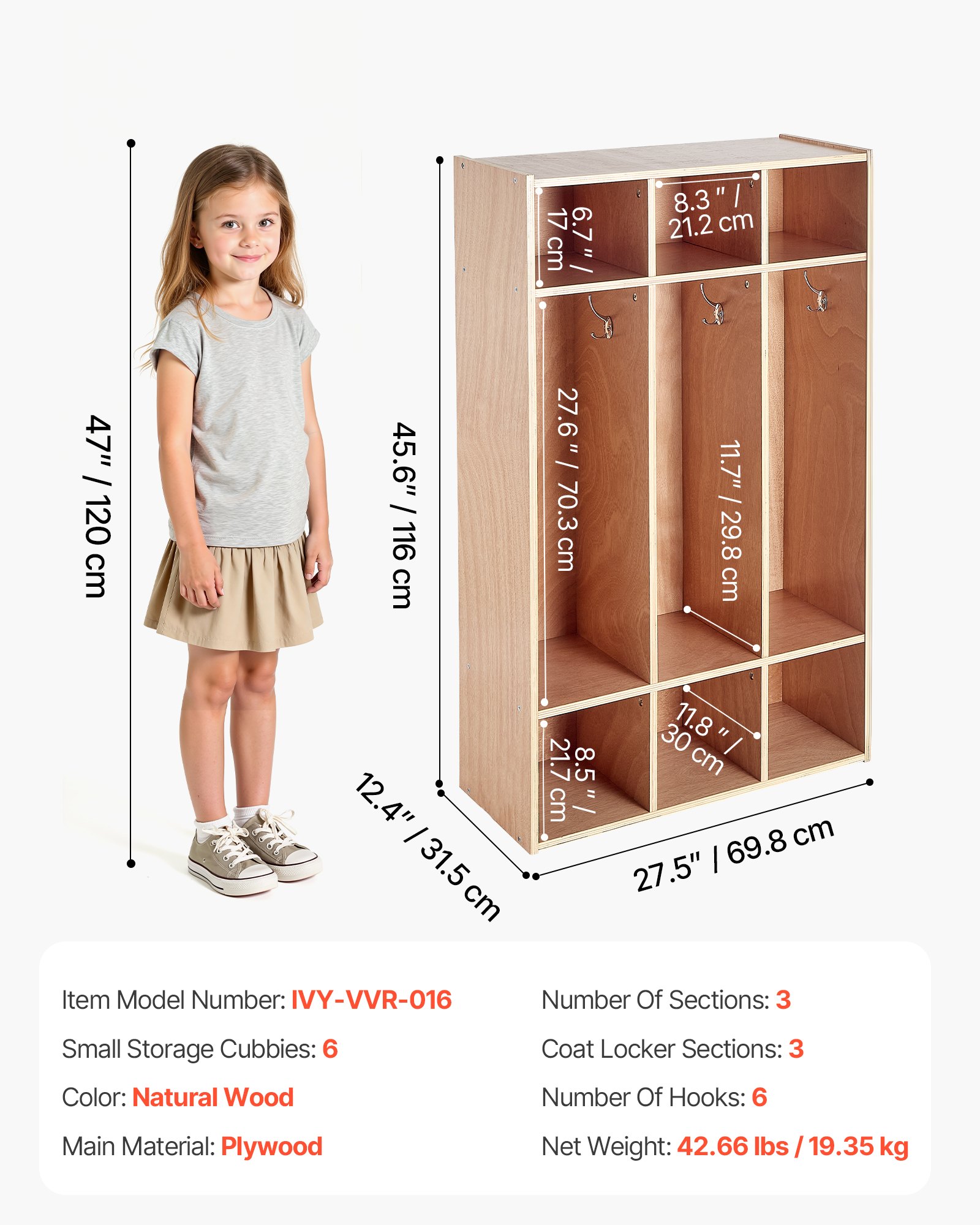 VEVOR Open Kinderkledingkast van multiplex, Kinderkledingkast met 6 haken en 9 vakken (3 grote + 6 kleine), kledingkastplank en opbergplank voor kinderkamer, thuis, kleuterschool, kinderdagverblijf