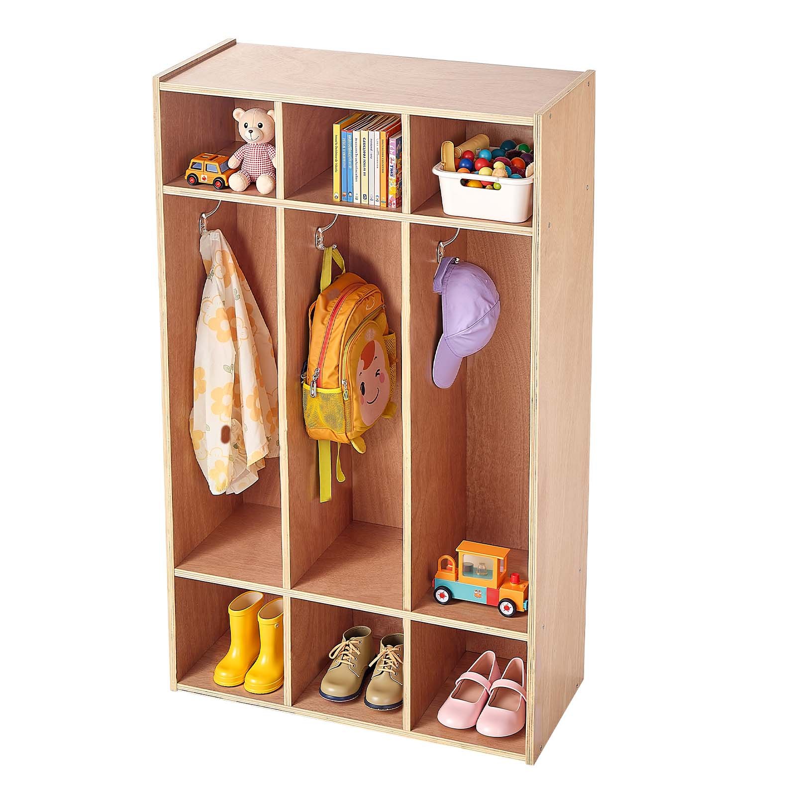 VEVOR Open Kinderkledingkast van multiplex, Kinderkledingkast met 6 haken en 9 vakken (3 grote + 6 kleine), kledingkastplank en opbergplank voor kinderkamer, thuis, kleuterschool, kinderdagverblijf