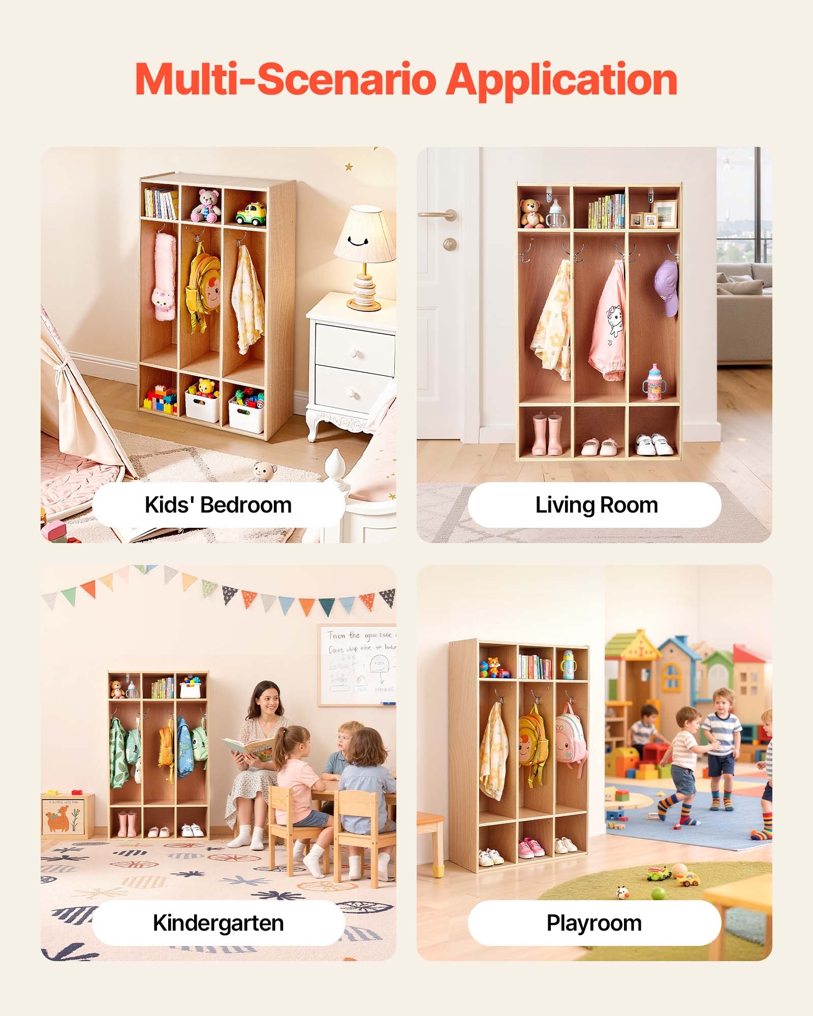 VEVOR Open Kinderkledingkast van multiplex, Kinderkledingkast met 6 haken en 9 vakken (3 grote + 6 kleine), kledingkastplank en opbergplank voor kinderkamer, thuis, kleuterschool, kinderdagverblijf