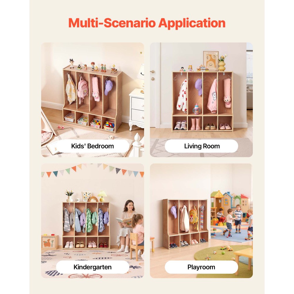 VEVOR Open Kinderkledingkast van multiplex, kinderkledingkast met 8 haken en 8 vakken (4 grote + 4 kleine), kledingkastplank en opbergplank voor kinderkamer, thuis, kleuterschool, kinderdagverblijf
