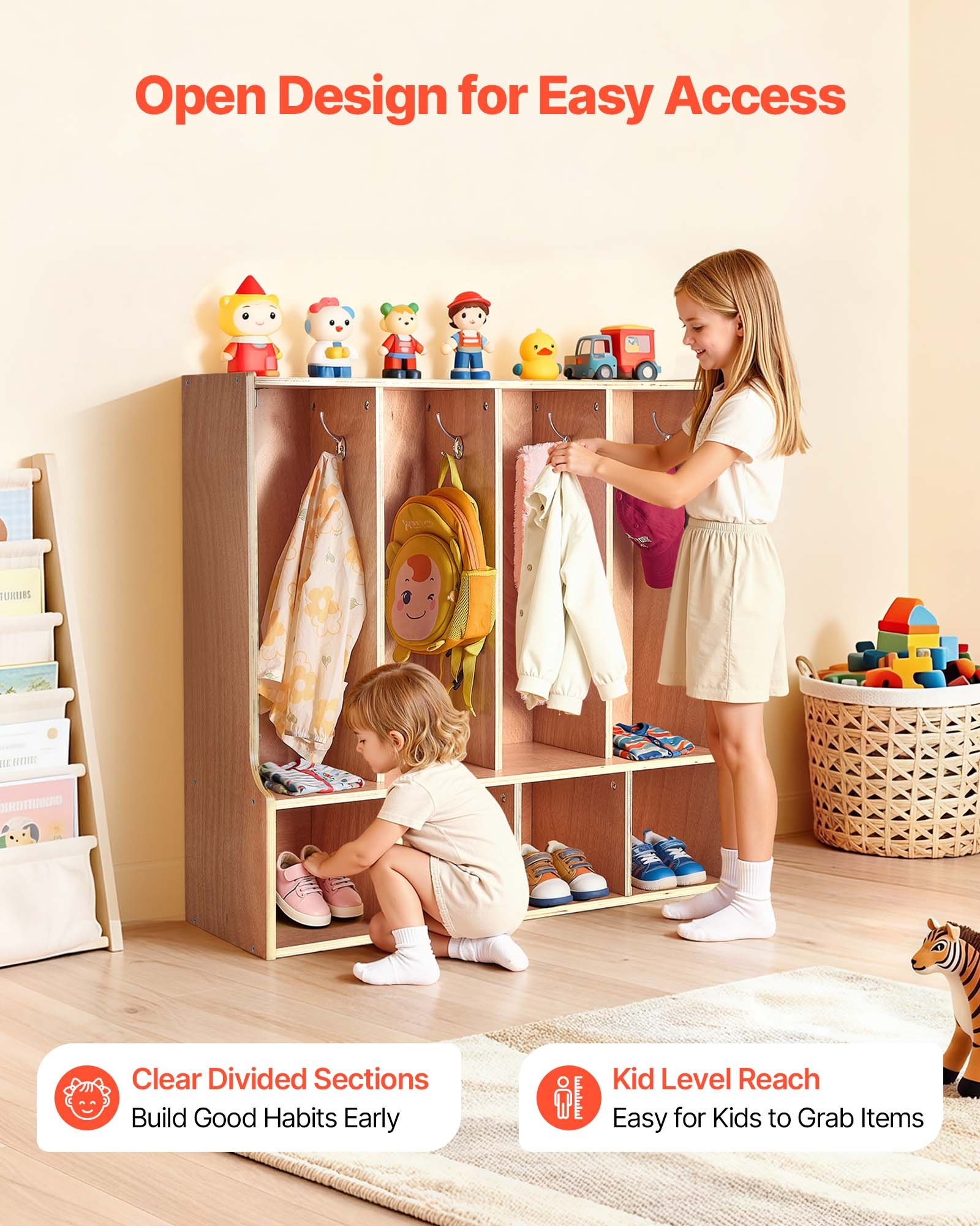 VEVOR Open Kinderkledingkast van multiplex, kinderkledingkast met 8 haken en 8 vakken (4 grote + 4 kleine), kledingkastplank en opbergplank voor kinderkamer, thuis, kleuterschool, kinderdagverblijf