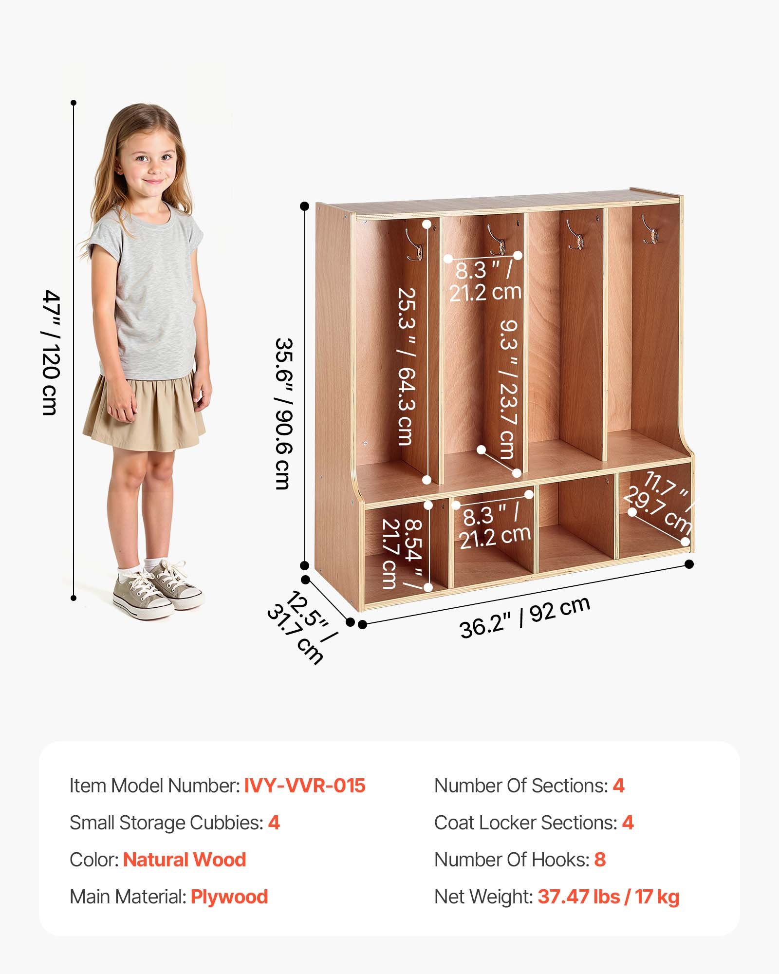 VEVOR Open Kinderkledingkast van multiplex, kinderkledingkast met 8 haken en 8 vakken (4 grote + 4 kleine), kledingkastplank en opbergplank voor kinderkamer, thuis, kleuterschool, kinderdagverblijf