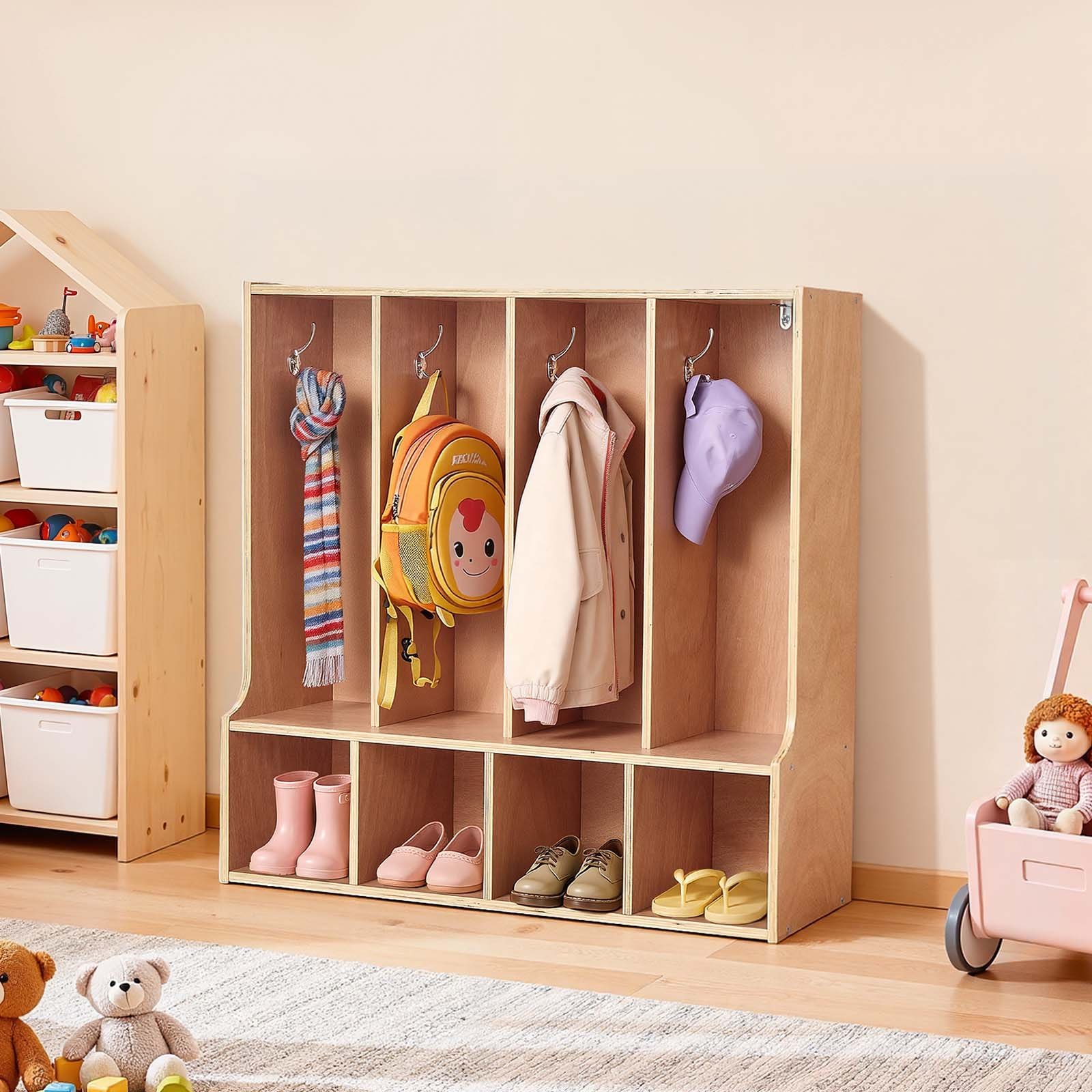 VEVOR Open Kinderkledingkast van multiplex, kinderkledingkast met 8 haken en 8 vakken (4 grote + 4 kleine), kledingkastplank en opbergplank voor kinderkamer, thuis, kleuterschool, kinderdagverblijf
