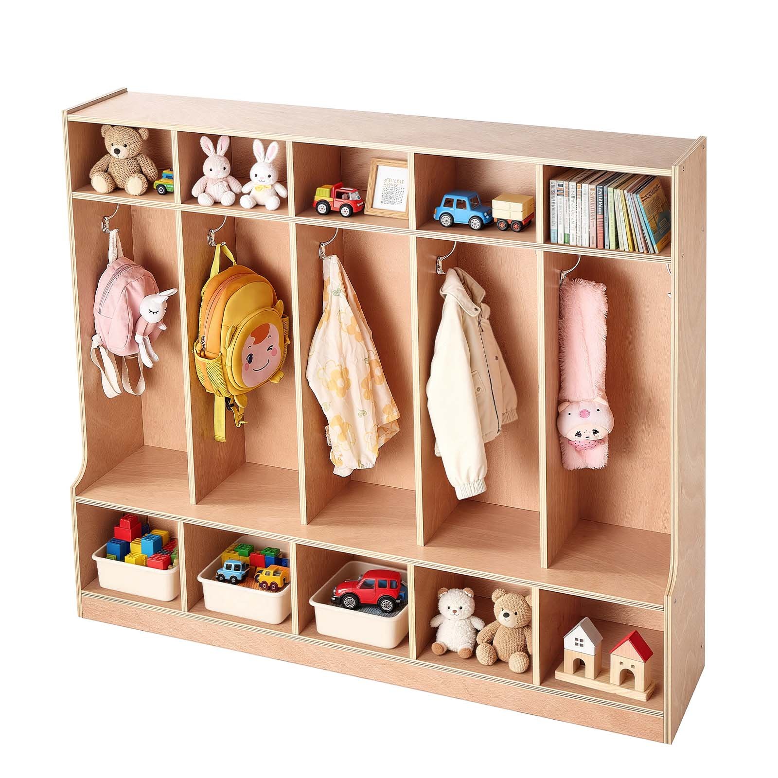 VEVOR Open houten kinderkledingkast, kapstok met 10 haken en 15 vakken (5 grote + 10 kleine), kapstok en opbergplank voor kinderkamer, thuis, kleuterschool, kinderdagverblijf