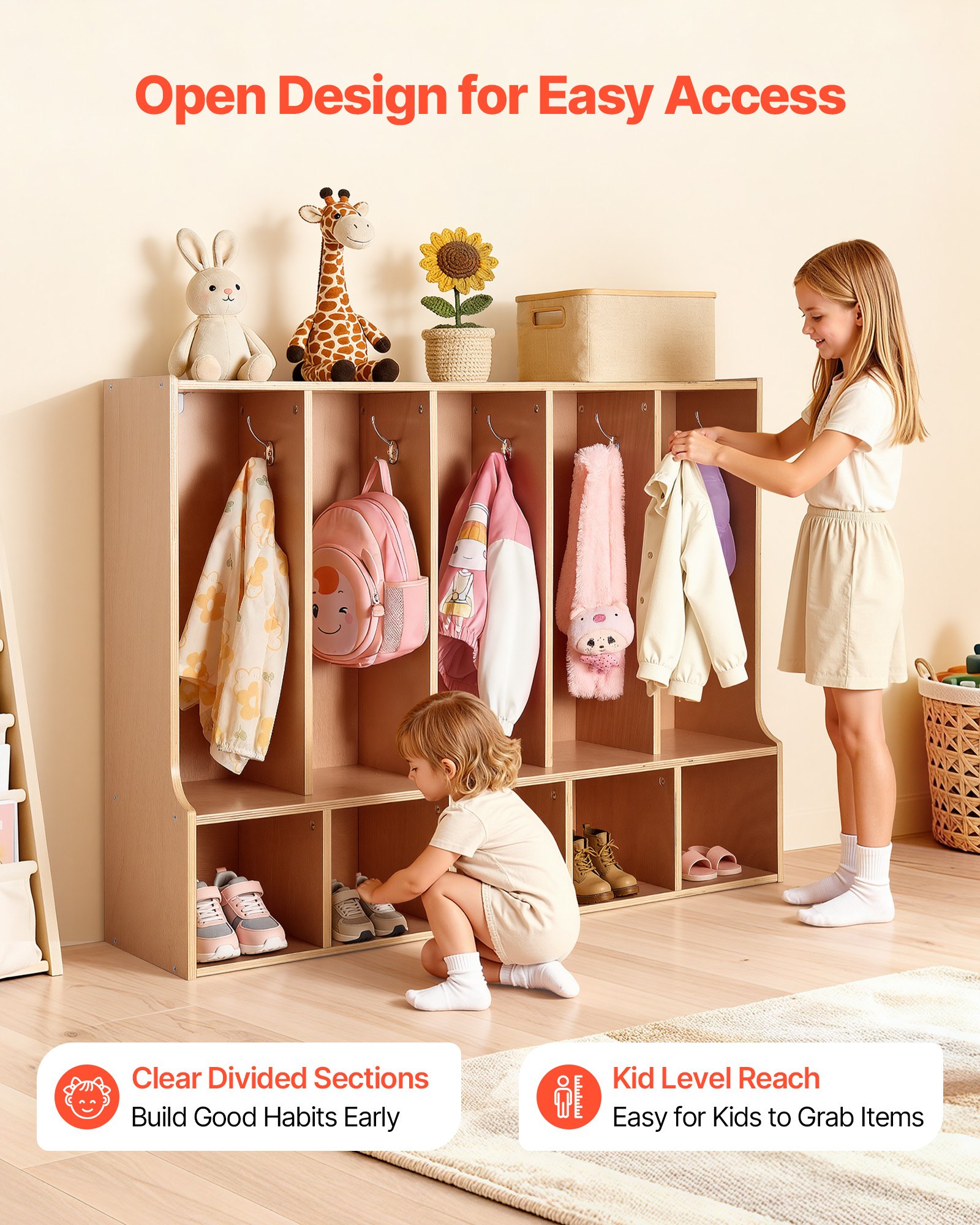 VEVOR 5-Section Kids Coat Locker, Wooden Toddler Cubby Storage Organizer with 10 Hooks & Non-Slip Mat, Modern Kid Coat Cubbies with 5 Small Open Storage Boxes for Home, Kindergarten, Daycare, Natural