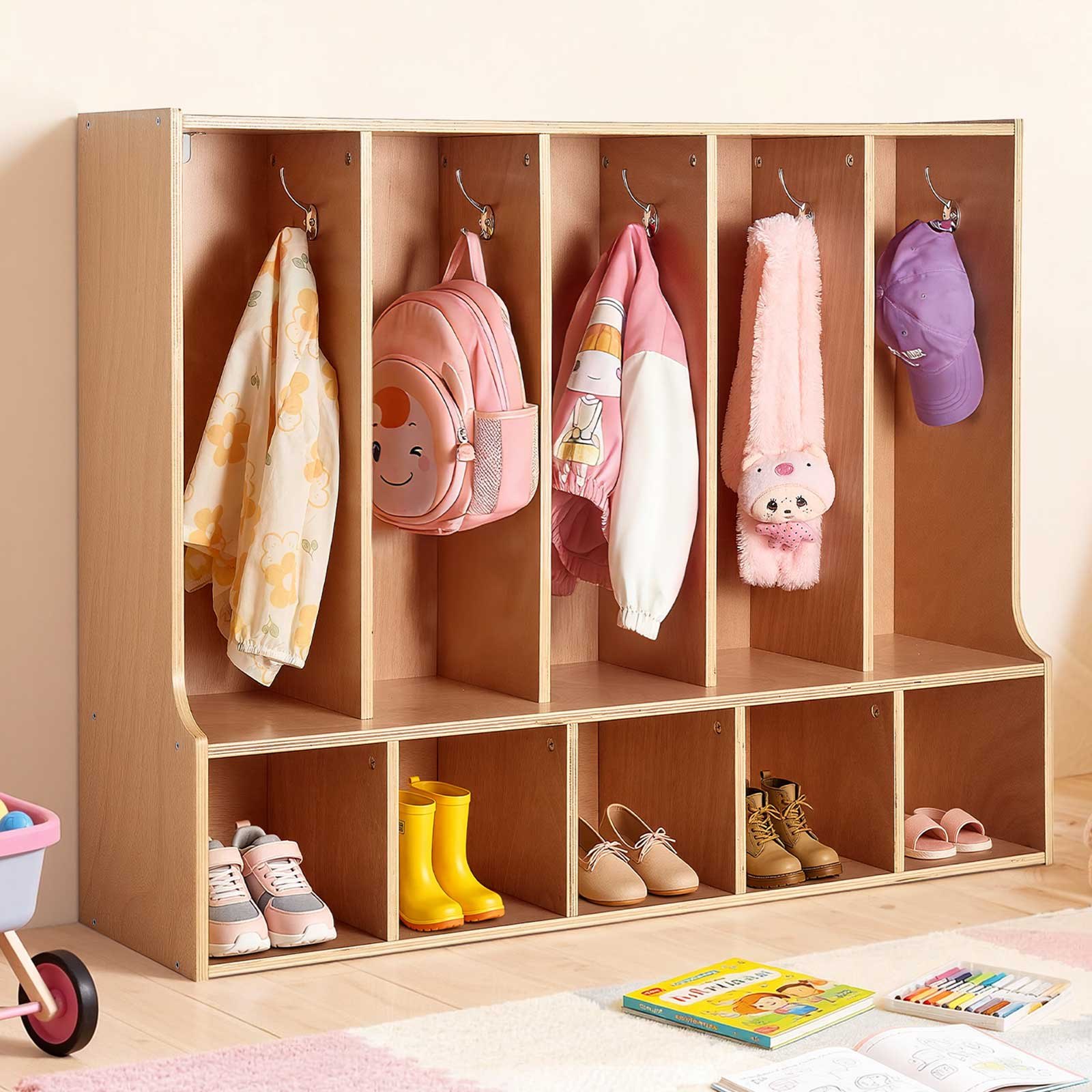 VEVOR Open Kinderkledingkast van multiplex, Kinderkledingkast met 10 haken en 10 vakken (5 grote + 5 kleine), kledingkastplank en opbergplank voor kinderkamer, thuis, kleuterschool, kinderdagverblijf