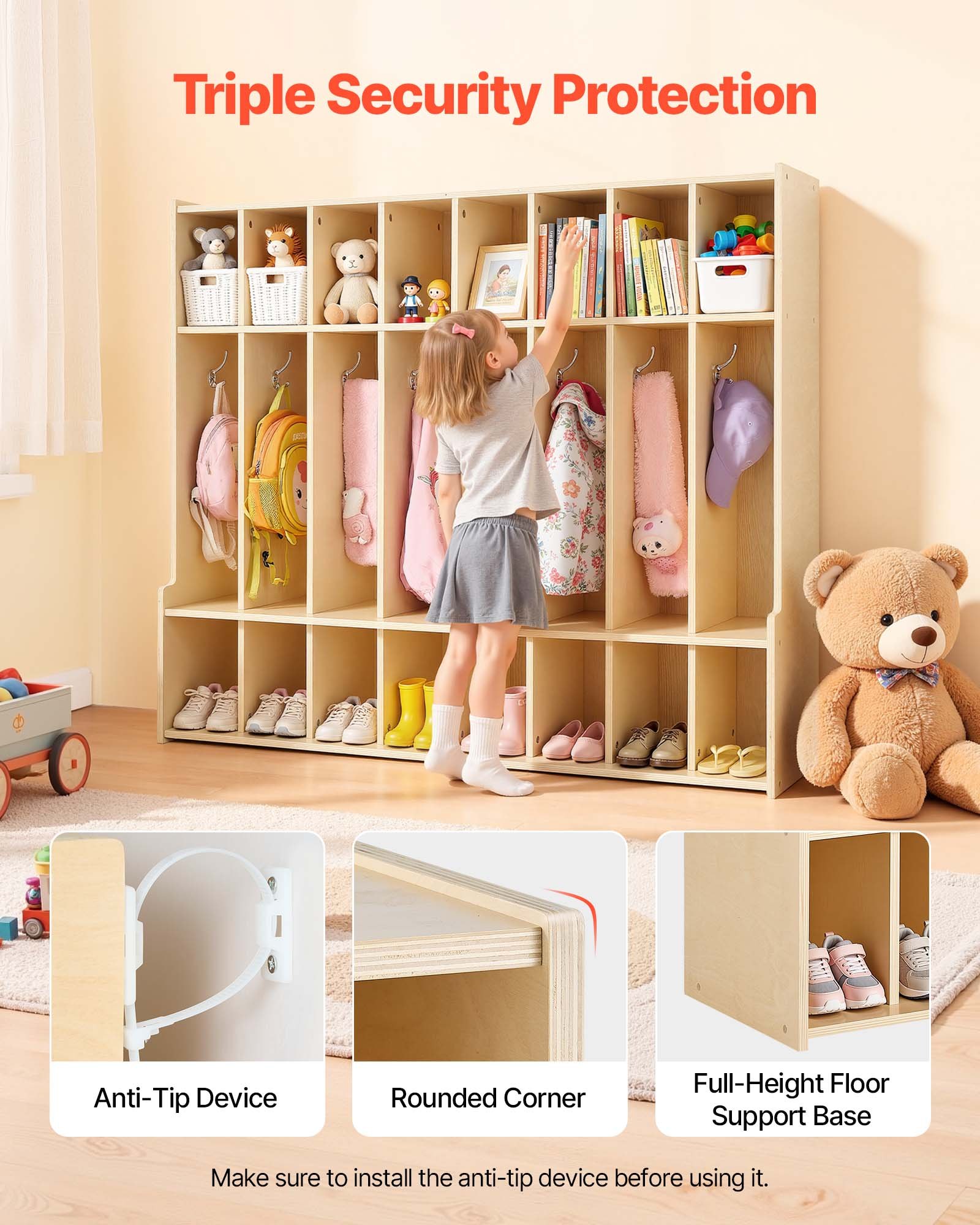 VEVOR Open Kinderkledingkast van multiplex, kinderkledingkast met 16 haken en 24 vakken (8 grote + 16 kleine), kledingkastplank en opbergplank voor kinderkamer, thuis, kleuterschool, kinderdagverblijf