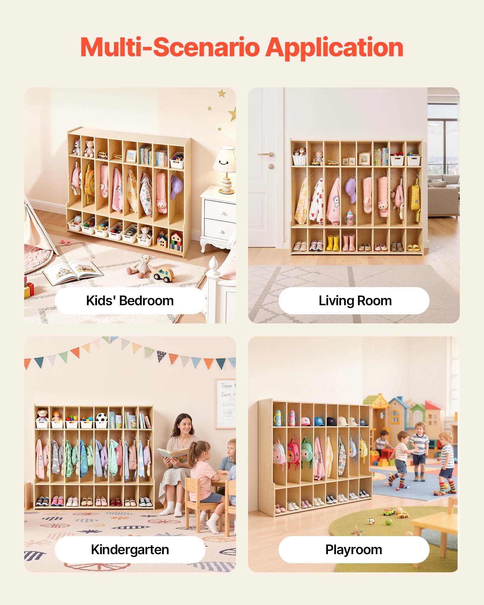 VEVOR Open Kinderkledingkast van multiplex, kinderkledingkast met 16 haken en 24 vakken (8 grote + 16 kleine), kledingkastplank en opbergplank voor kinderkamer, thuis, kleuterschool, kinderdagverblijf