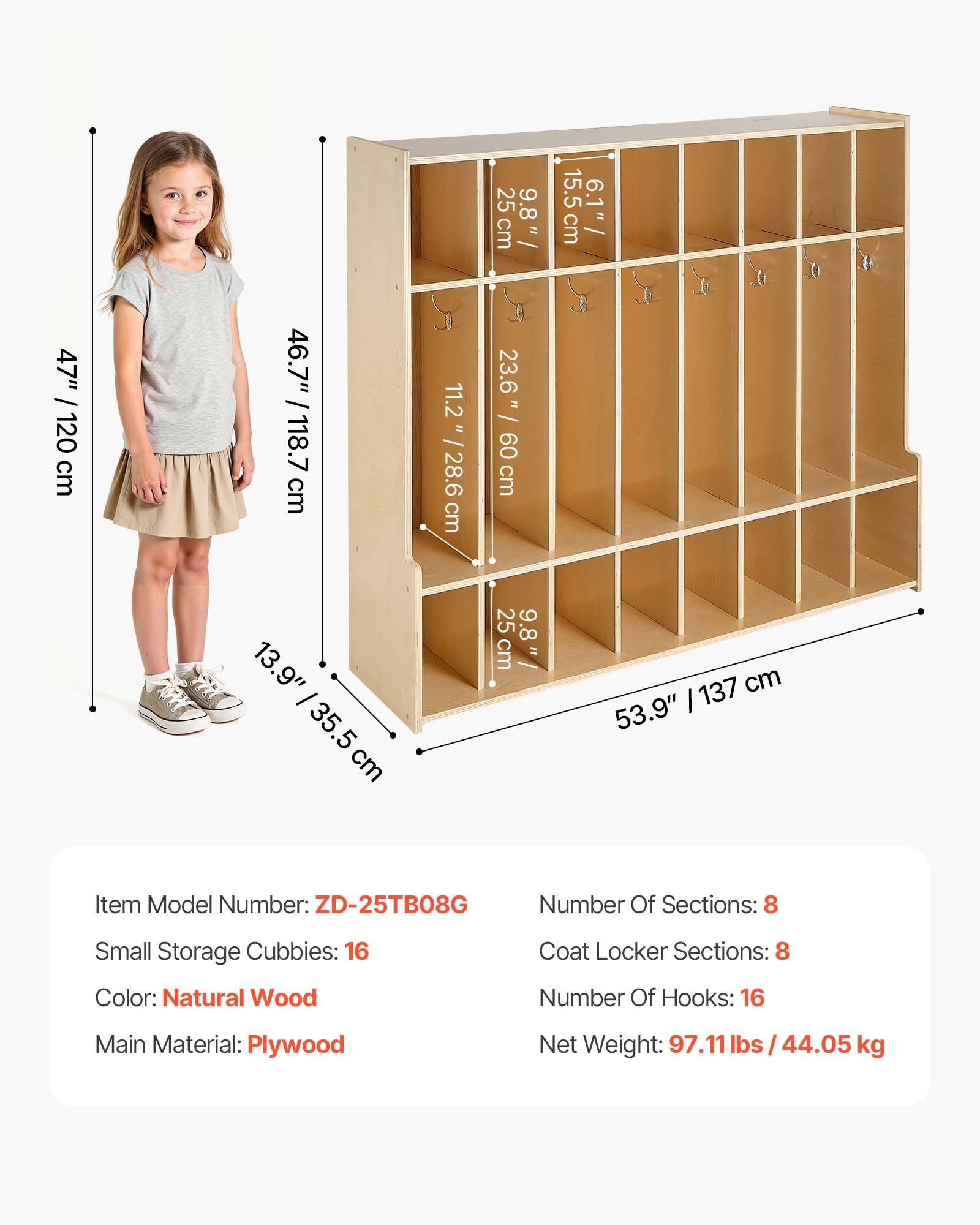 VEVOR Open Kinderkledingkast van multiplex, kinderkledingkast met 16 haken en 24 vakken (8 grote + 16 kleine), kledingkastplank en opbergplank voor kinderkamer, thuis, kleuterschool, kinderdagverblijf
