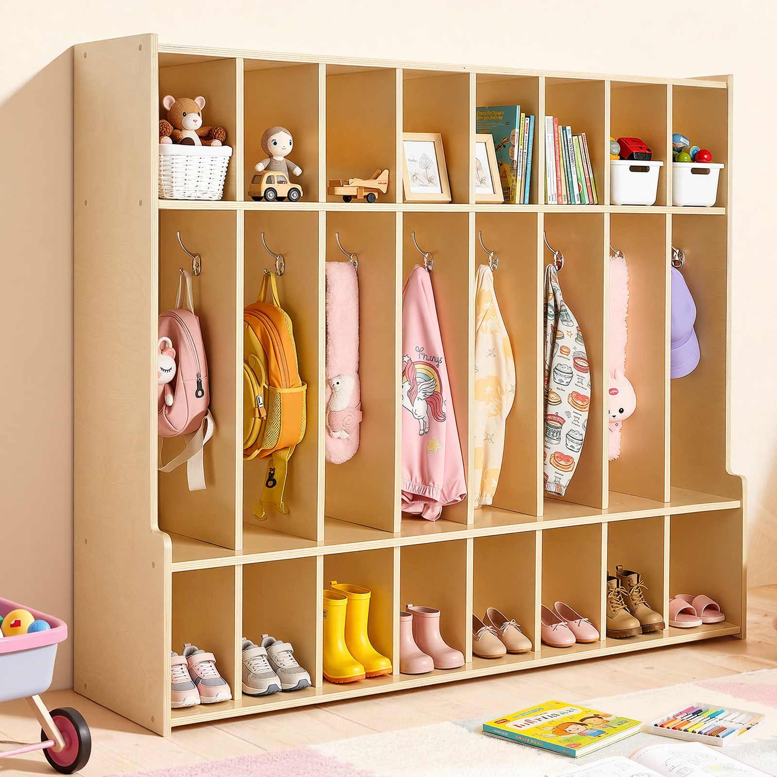 VEVOR Open Kinderkledingkast van multiplex, kinderkledingkast met 16 haken en 24 vakken (8 grote + 16 kleine), kledingkastplank en opbergplank voor kinderkamer, thuis, kleuterschool, kinderdagverblijf