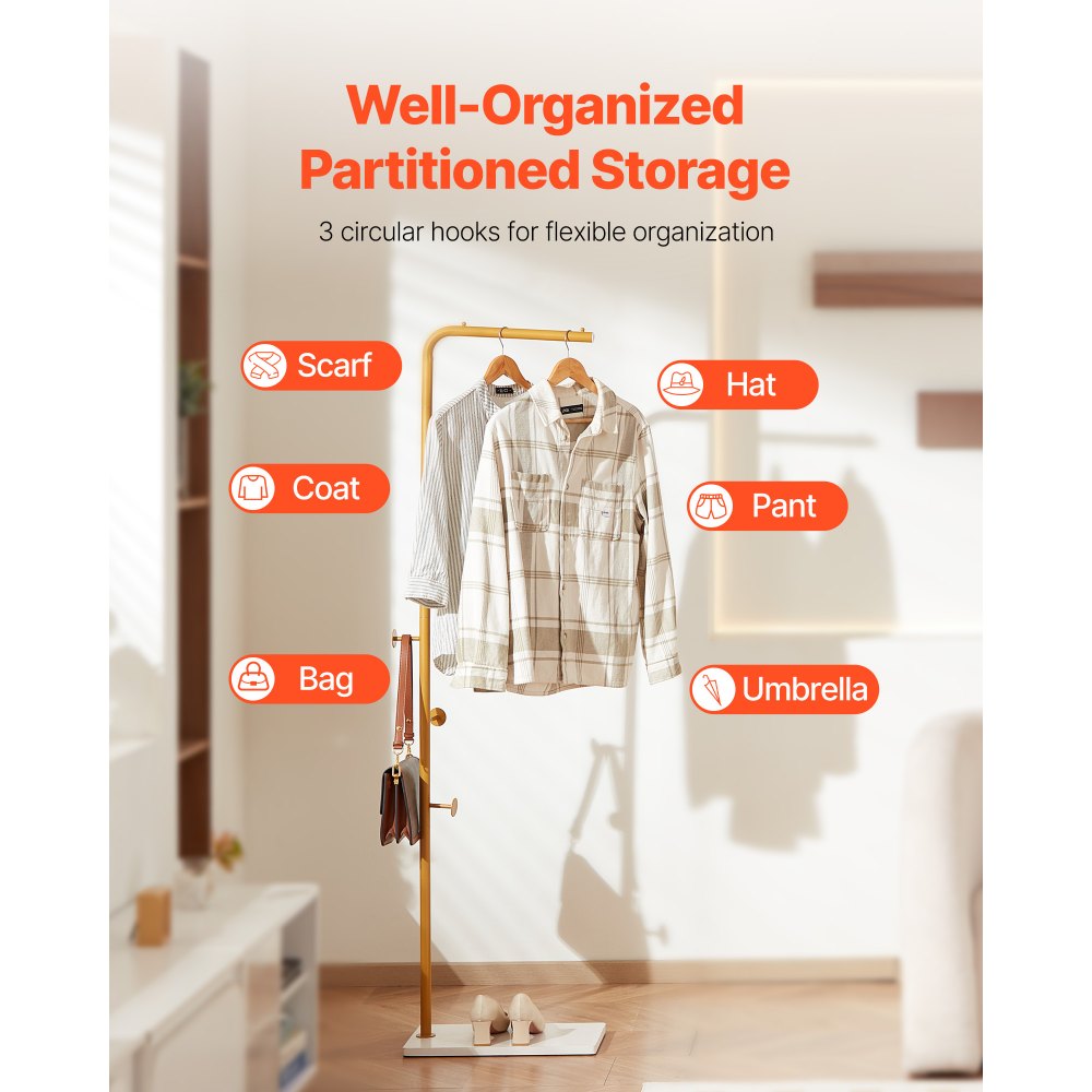 VEVOR Coat Rack, Freestanding Coats Rack Stand with Quartz Stone Base & 3 Round Hooks, Free Standing Hall Coat Tree for Entryway, Bedroom, Living Room, Stylish Clothes Hanger Stand for Coats, Hat, Bag