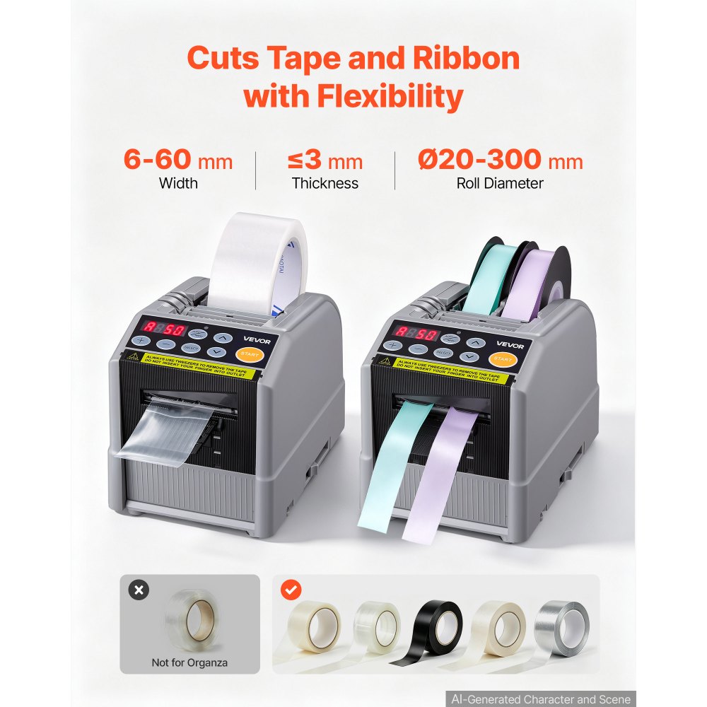VEVOR automatische tapedispenser met instelbare snijlengte van 5-999 mm, elektrische tapesnijder voor verpakking en opslag, tapebreedte van 6-60 mm, geschikt voor tapes en linten, bediening met drukknop
