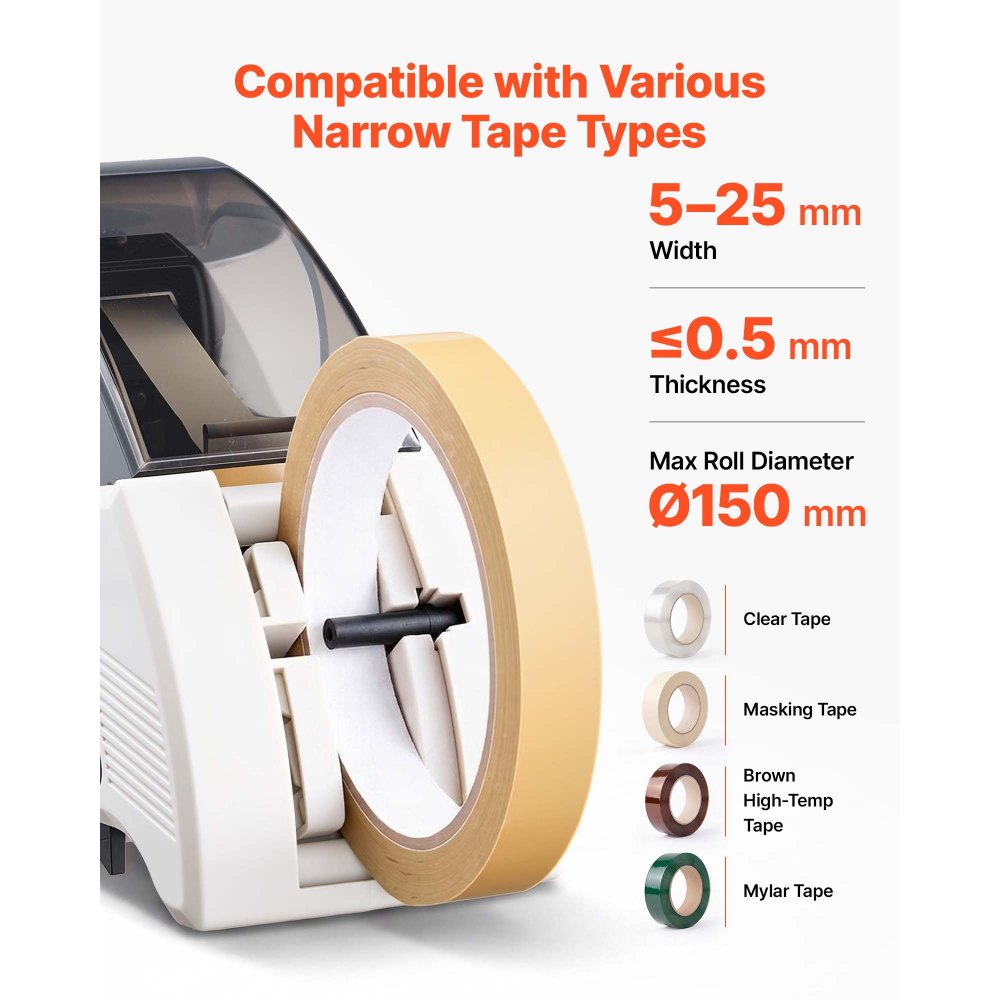 VEVOR automatische tapedispenser met instelbare snijlengte van 10-60 mm, elektrische tapesnijder voor afplaktape, mylartape, hittebestendige tape, tapebreedte van 5-25 mm, verpakking en opslag