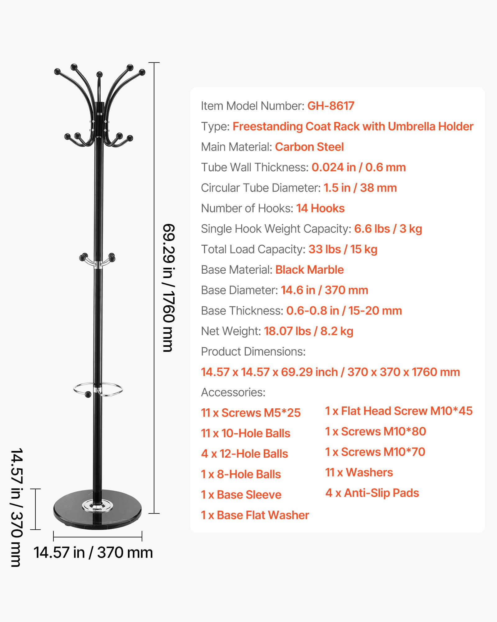VEVOR Kapstok, 176 cm, Kledingrek met parapluhouder, Stevige marmeren voet en 14 haken, Jassenrek voor entree, woonkamer, Hanger voor hoeden, sjaals, tassen