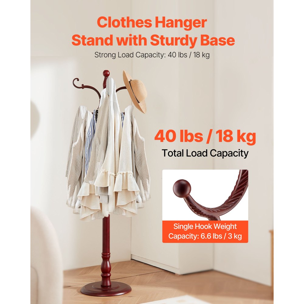VEVOR Houten Kapstok, 420 x 420 x 1760 mm, Kledingrek met Stevige Voet en 11 Haken, Jassenrek voor Hal, Slaapkamer, Woonkamer, Ophangrek voor Jassen, Hoeden, Tassen