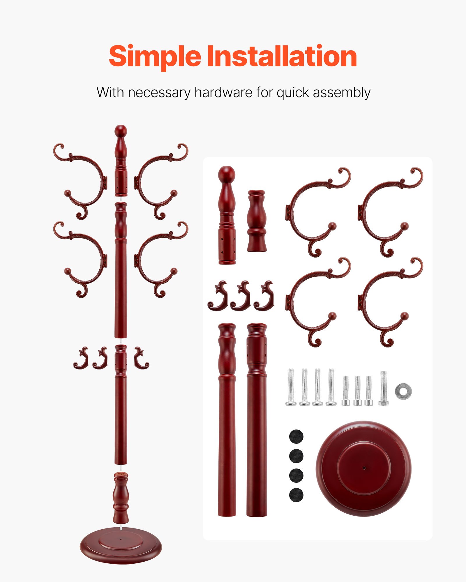 VEVOR Houten Kapstok, 420 x 420 x 1760 mm, Kledingrek met Stevige Basis en 11 Haken, Jassenrek voor Hal, Slaapkamer, Woonkamer, Ophangrail voor Jassen, Hoeden, Tassen