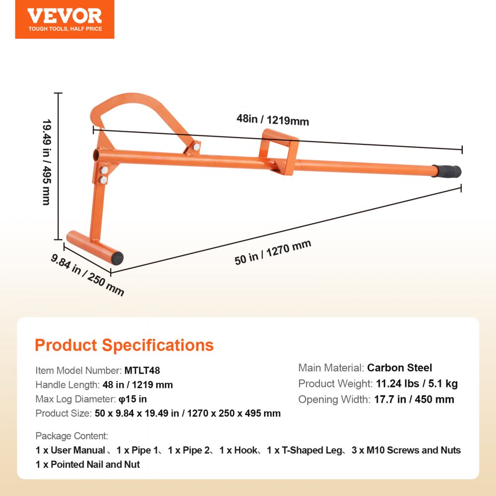 VEVOR Timberjack, 46.5 in, 4 in 1 Heavy Duty Steel Log Lifter, Multifunctional Log Roller Adjustable Cant Hook, Logging Tools Log Jack, Forestry Multitool for Rolling Cutting Lifting Logs