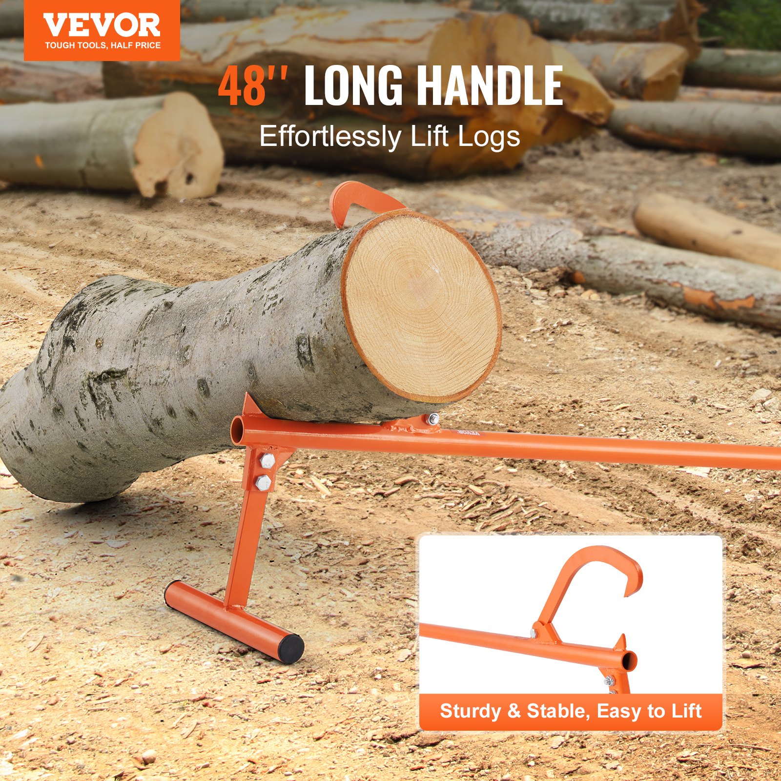 VEVOR Vellifter, 1219 mm, Robuuste houtlifter met metalen handvat, Houtdraaier met verstelbare draaihaak, Velhulp voor boomstammen tot φ 38 cm, Houtlifter voor het rollen, zagen en tillen van boomstammen