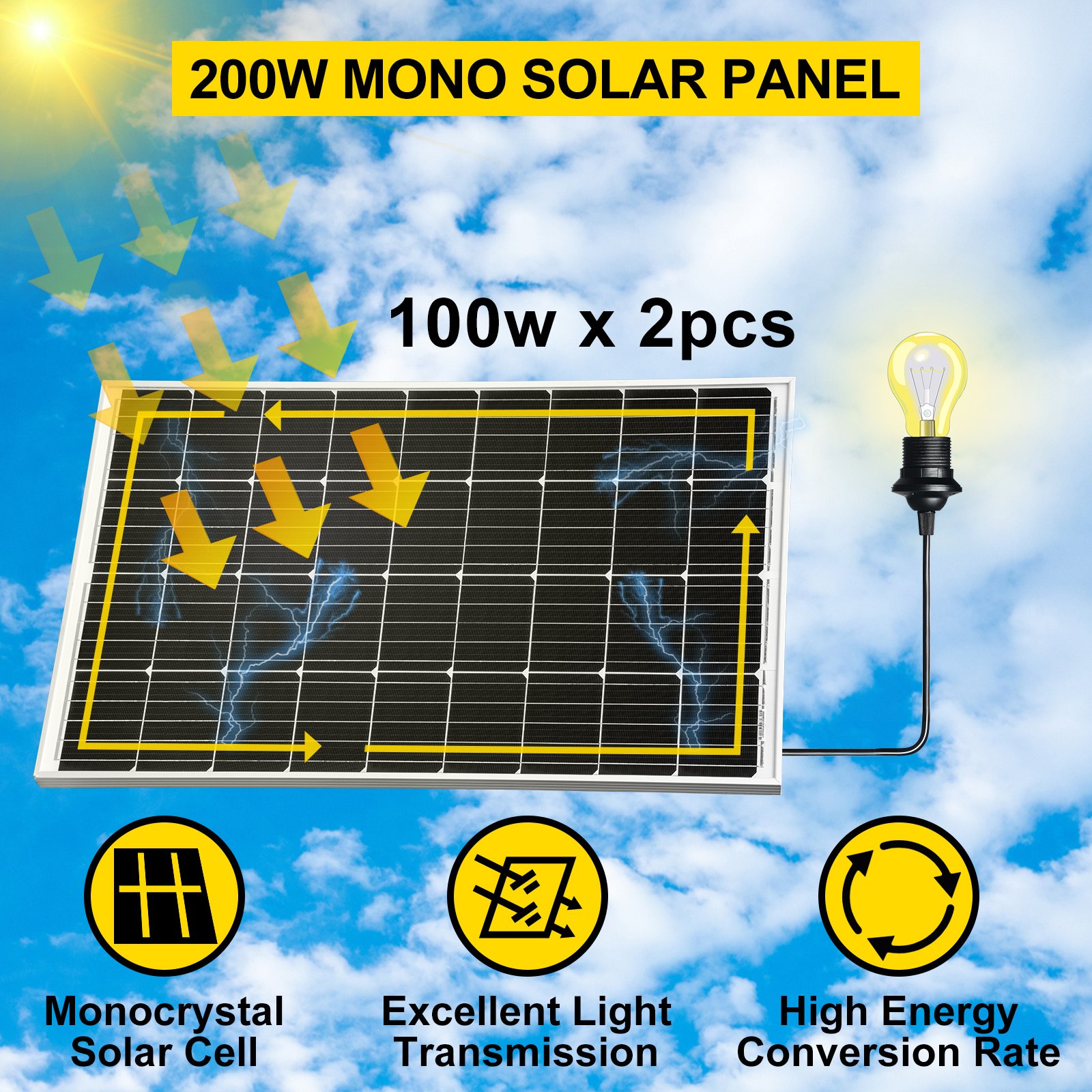 Vevor Zonnepaneel Monokristallijne Zonnelader Solar 12v 100w 2 Stuks Rv Boot