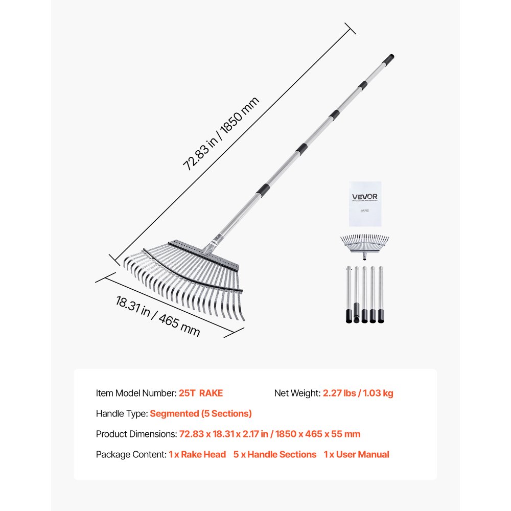 VEVOR Bladhark, 25 tanden, tuinhark voor gazon met 465 mm brede kop en 92-180 cm verstelbare steel, ventilatorbezem voor het verwijderen van kleine bladeren voor tuinieren, kamperen, tuin, gras