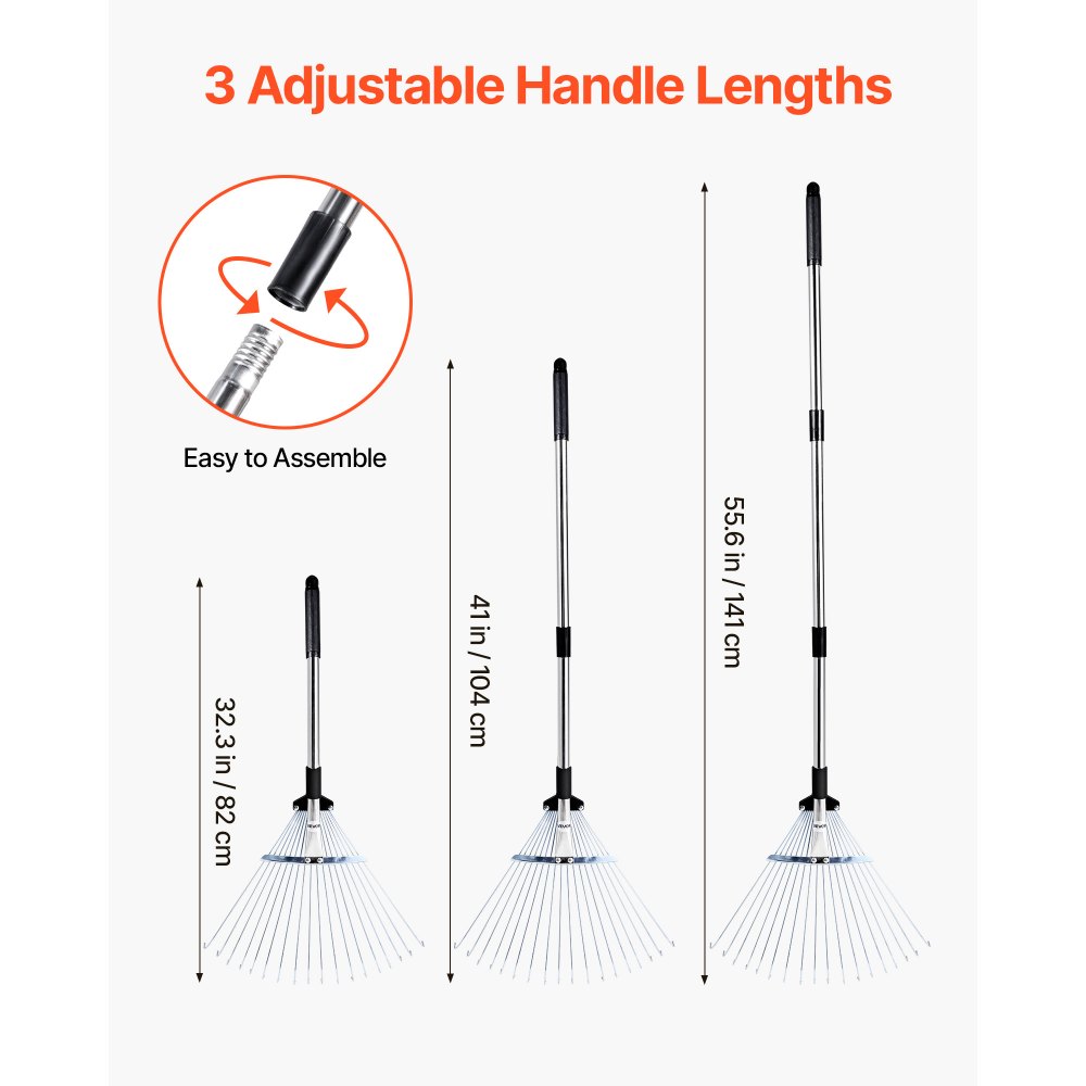 VEVOR Leaf Rake, 18 Metal Tines, Adjustable Garden Rake for Lawns with 7.7-17.1 Inch Head & 32.3-55.6 Inch Long Handle, Heavy Duty Stainless Steel Small Leaves Tool for Gardening Camping Yard Grass