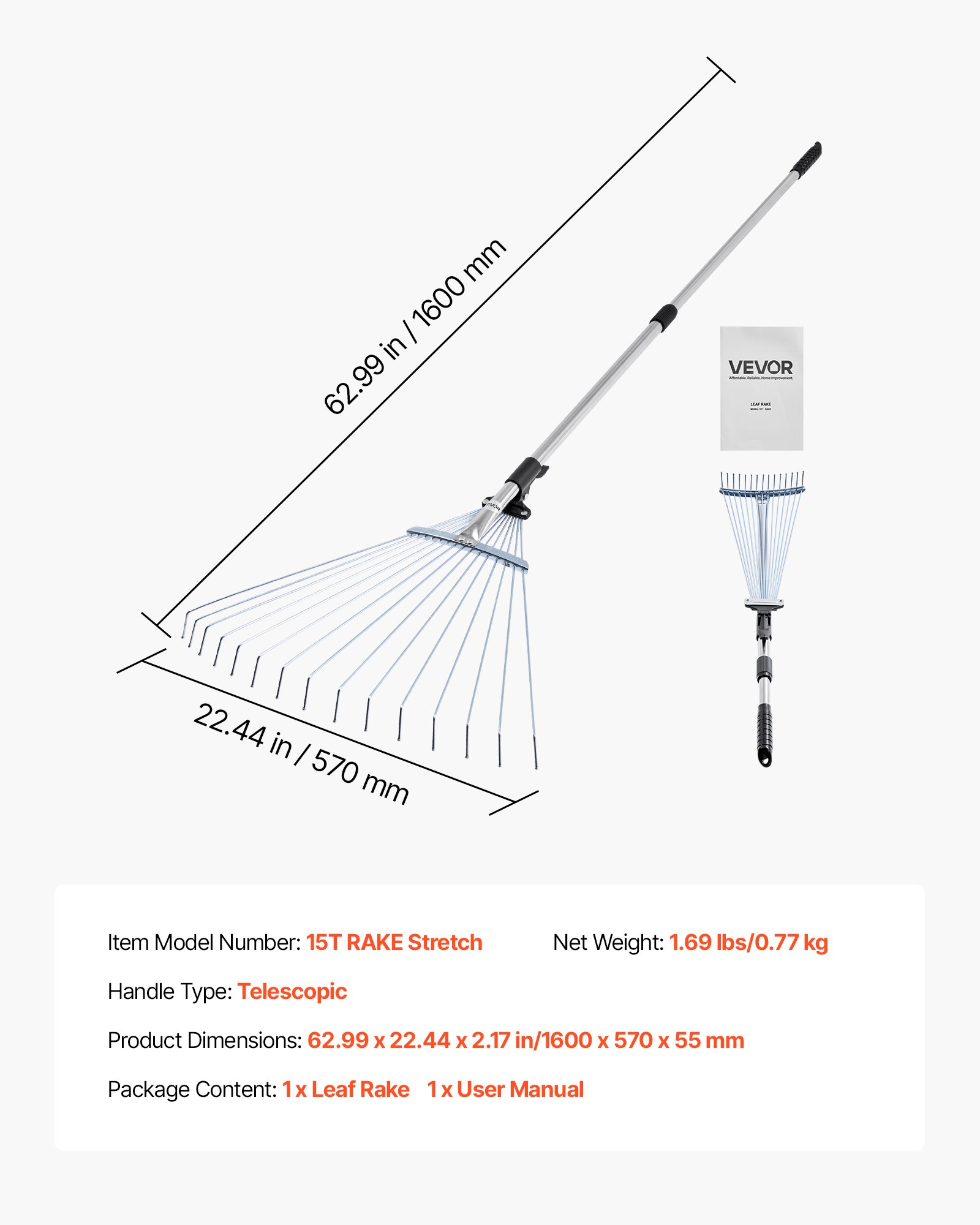 VEVOR Bladhark, 15 tanden, tuinhark voor gazon met 570 mm brede kop en 81-160 cm verstelbare steel, ventilatorbezem voor het verwijderen van kleine bladeren voor tuinieren, kamperen, tuin, gras