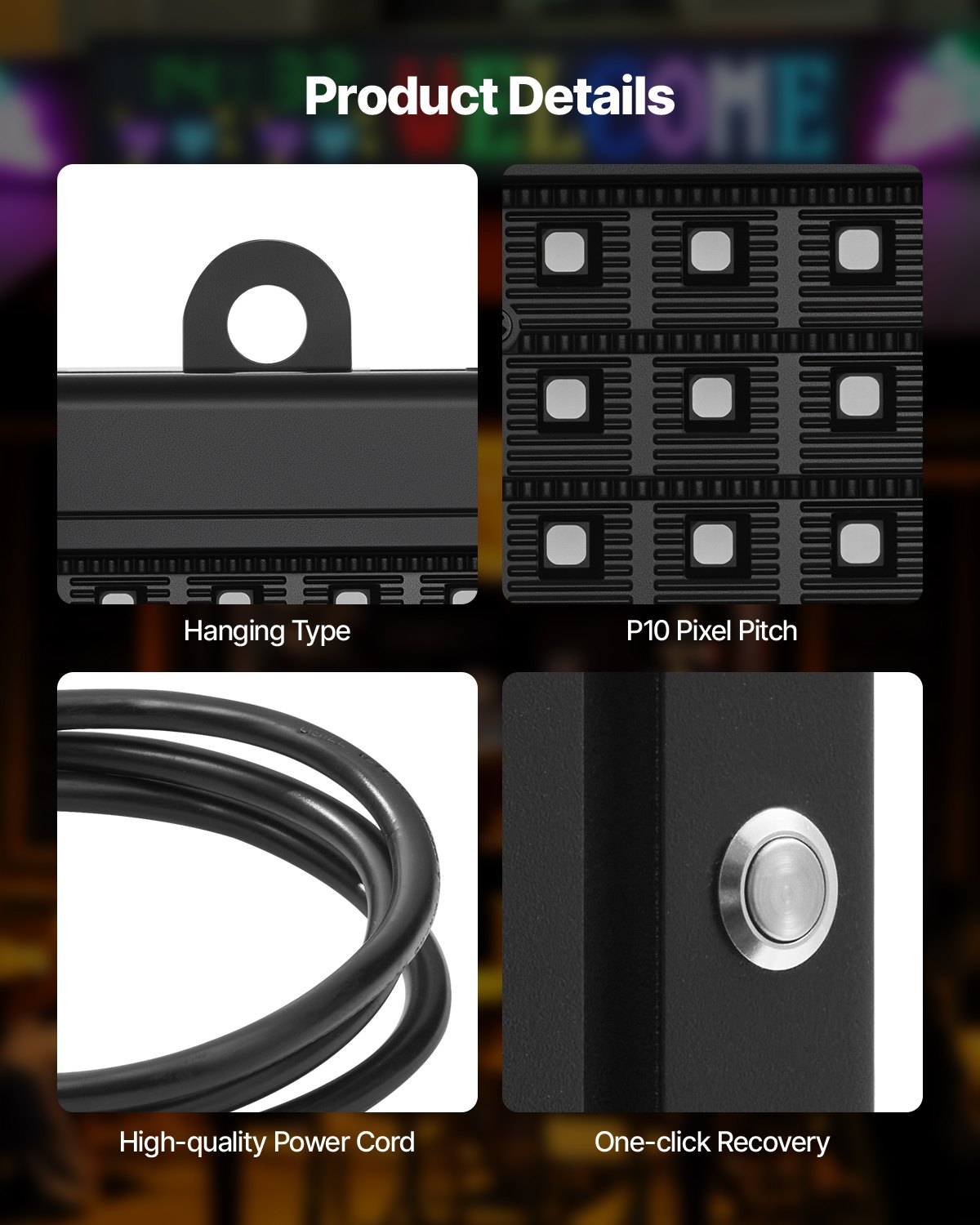 VEVOR Programmeerbaar LED-bord P10 Full Color Flexibel Digitaal Scrollend Paneel, DIY Displaybord met Aangepast Tekstpatroon en GIF & Bluetooth App Control LED Scrollend Bericht (99 x 35 cm)