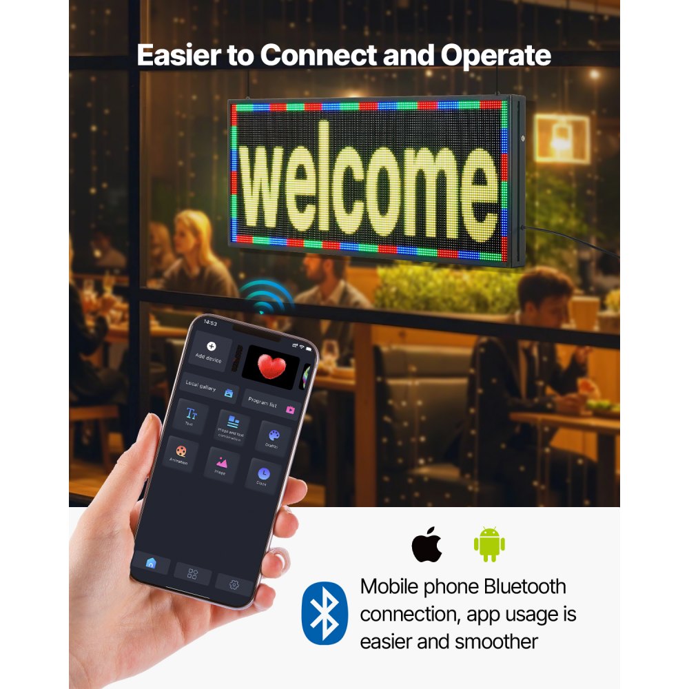 VEVOR LED-scrollend display, programmeerbaar P6 doe-het-zelf scorebord 990 x 412 mm voor winkels, restaurants en concerten, digitaal display, met aanpasbaar tekstpatroon, GIF en Bluetooth-appbediening.