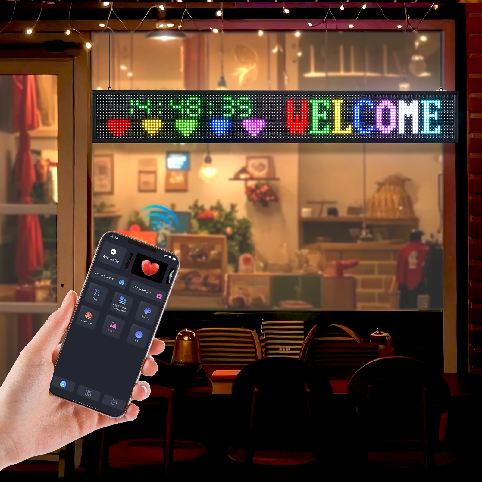 VEVOR Programmeerbaar LED-bord P10 Full Color Flexibel Digitaal Scrollpaneel, DIY Displaybord met Aangepast Tekstpatroon en GIF & Bluetooth App-bediening (1310 x 190 x 55 mm)