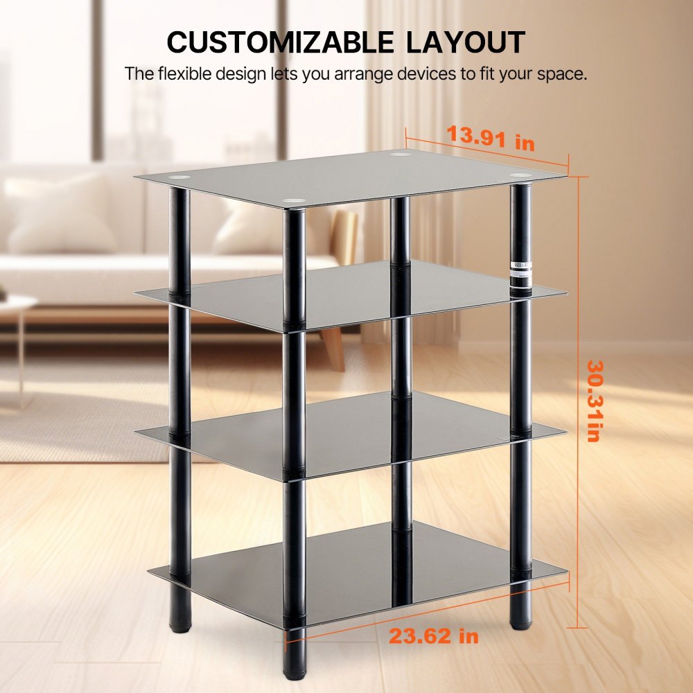 VEVOR 4-Tier AV Media Stand, Audio/Video Stand with Strengthened Tempered Glass Shevles for DVD/Cable Boxes/Games Consoles, Media Storage Cabinet for Gaming/Recording Room