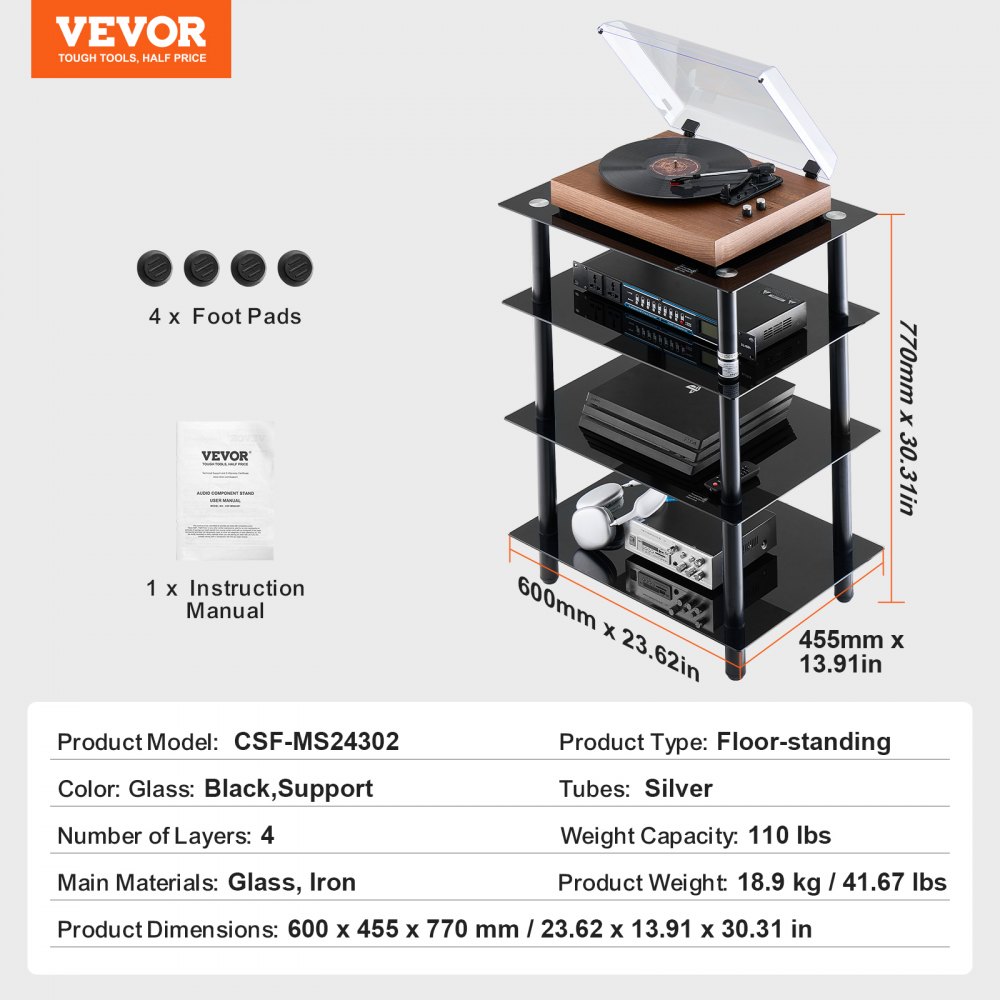 VEVOR 4-Tier AV Media Stand, Audio/Video Stand with Strengthened Tempered Glass Shevles for DVD/Cable Boxes/Games Consoles, Media Storage Cabinet for Gaming/Recording Room