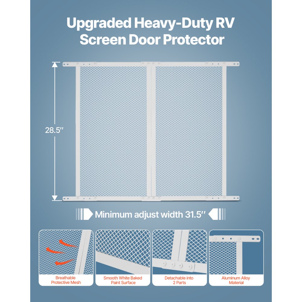 VEVOR RV Screen Door Protector, 800x723.9 mm Door Grille, Easy to Install and Disassemble, Reinforced Breathable Protective Mesh, Aluminum Alloy Camper RV Entry Protector for Pet Protection, White