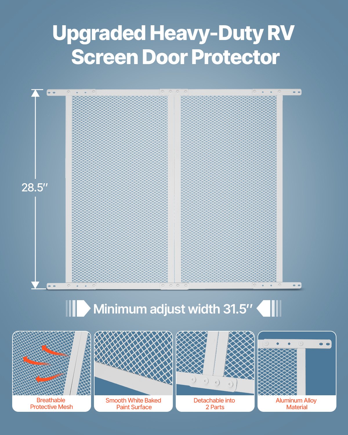 VEVOR RV Screen Door Protector, 800x723.9 mm Door Grille, Easy to Install and Disassemble, Reinforced Breathable Protective Mesh, Aluminum Alloy Camper RV Entry Protector for Pet Protection, White