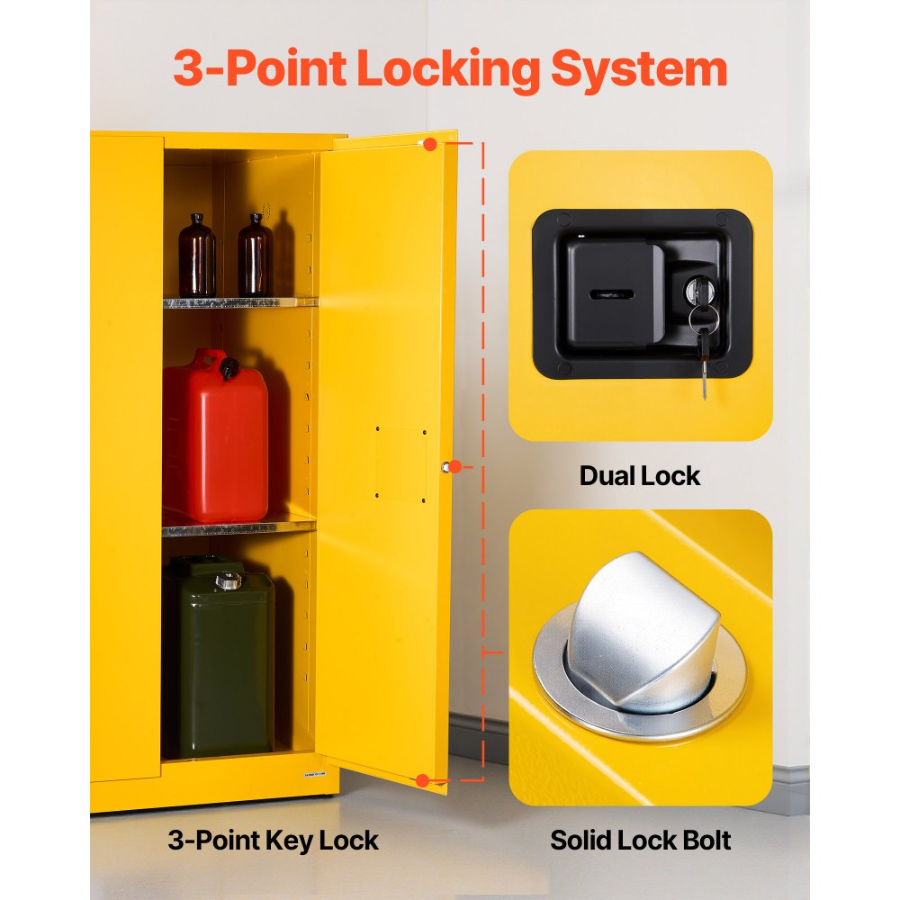 VEVOR Brandblusserkast, brandblussbare brandbare opbergkast (246 L) met verstelbare plank, brandblusserkasten gemaakt van koudgewalst en gegalvaniseerd staal, gele beschermende kast voor gevaarlijke stoffen