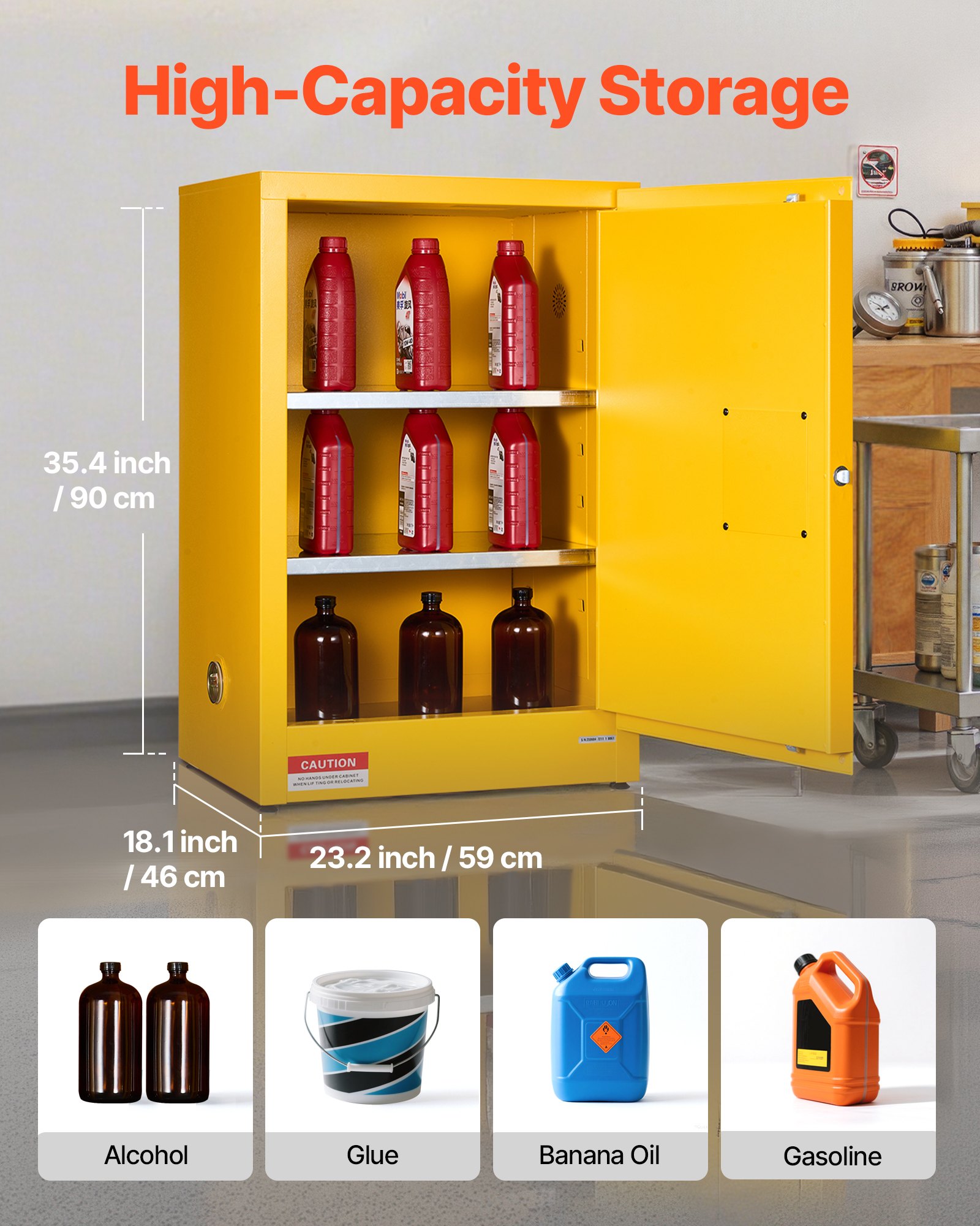 VEVOR Brandveilige Opslagkast 49,21 L, 59 x 46 x 90 cm Brandwerende Kast met Verstelbare Plank, Koudgewalst en Gegalvaniseerd Staal, Brandwerende Kast, voor Commercieel en Industrieel Gebruik, Geel