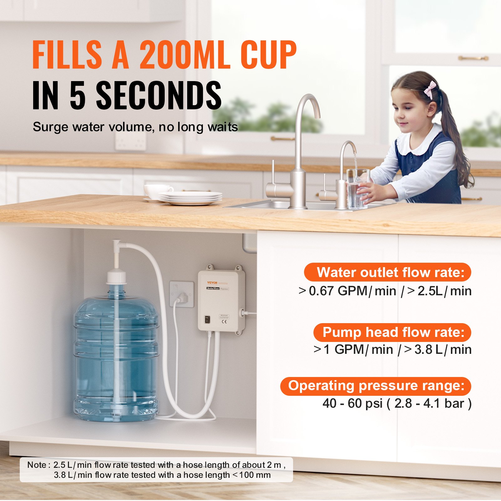 VEVOR Elektrische Waterdispenserpomp, 1 Gallon Elektrische Drinkwaterpomp, 40 PSI per min Elektrische Waterdispenserpomp met 1x20 voet PE-buis, 4xStille Siliconen Voeten, 1 x Deksel 35W Twee Buizen