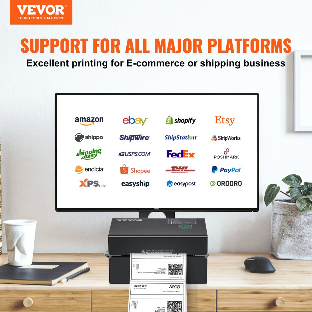 VEVOR Thermische labelprinter 175x109x94mm Labelprinter 300DPI Resolutie Labelprinter Verzendlabelprinter Bluetooth/USB Automatische labelherkenning Windows Mac OS Linux Chromebook
