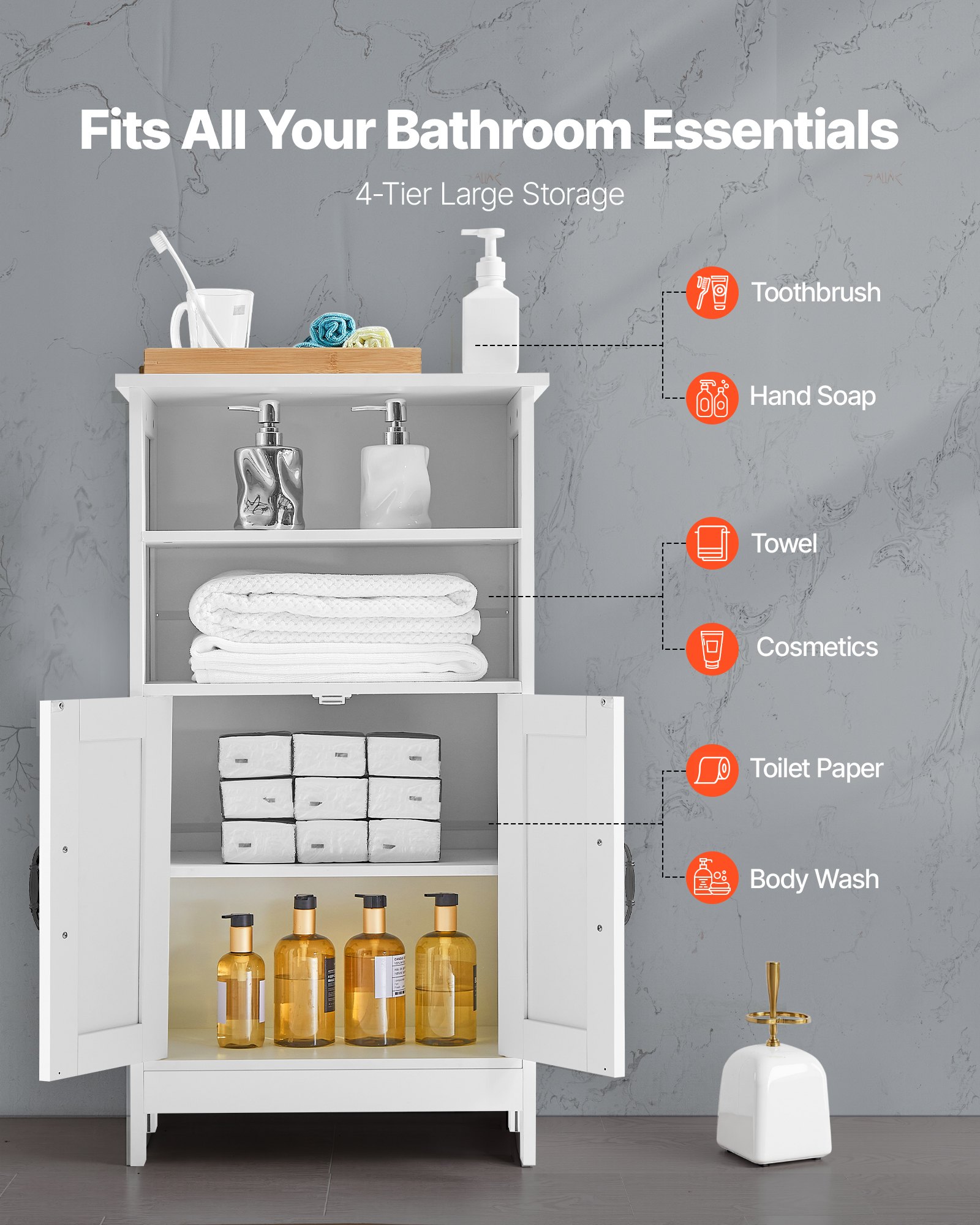 VEVOR Bathroom Floor Cabinet, 4-Tier, Wooden Storage Organizer with 2 Doors and Adjustable Shelf, Modern Bathroom Furniture Home Decor Freestanding Cupboard for Kitchen/Living Room/Entryway Use, White