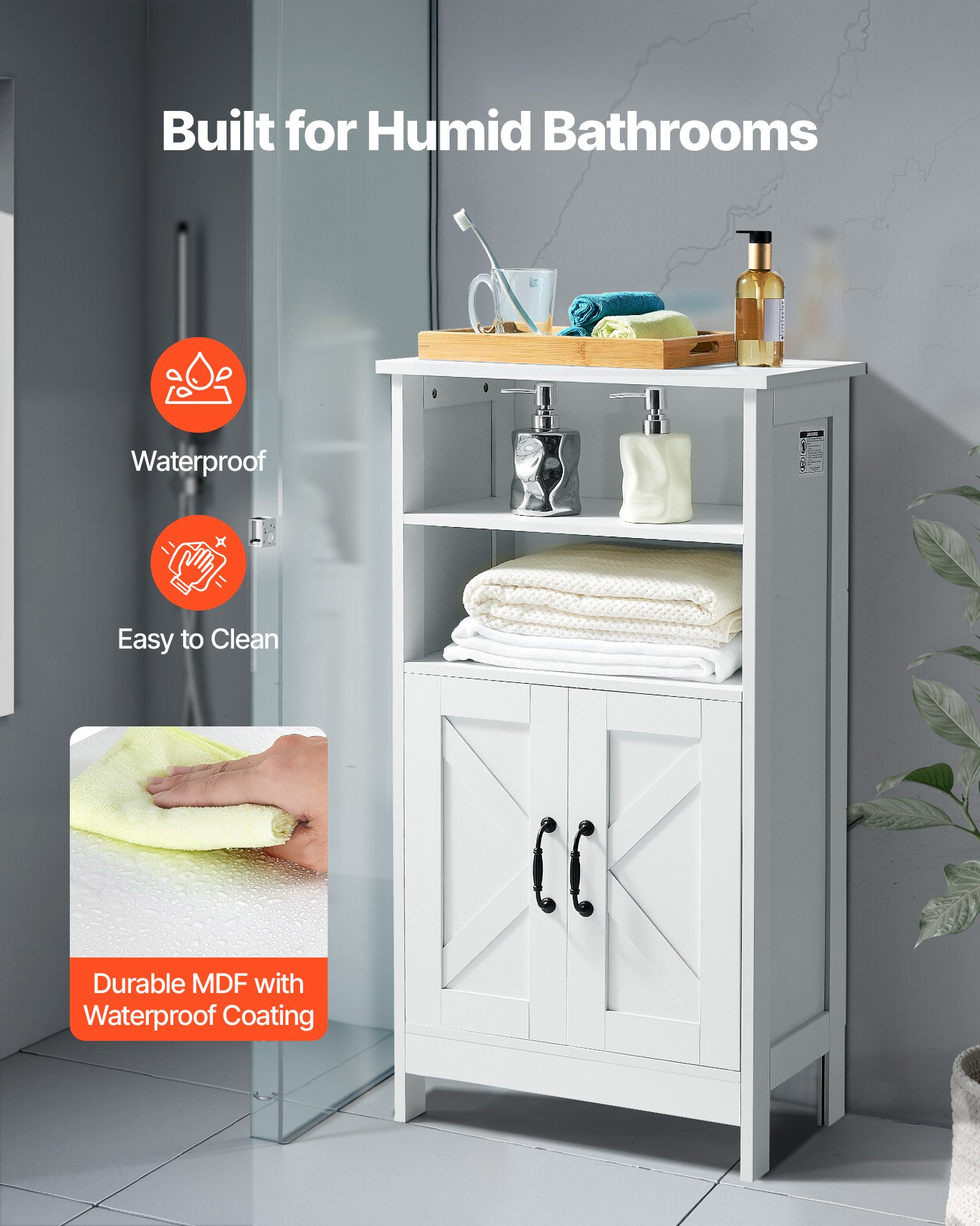 VEVOR Bathroom Floor Cabinet, 4-Tier, Wooden Storage Organizer with 2 Doors and Adjustable Shelf, Modern Bathroom Furniture Home Decor Freestanding Cupboard for Kitchen/Living Room/Entryway Use, White