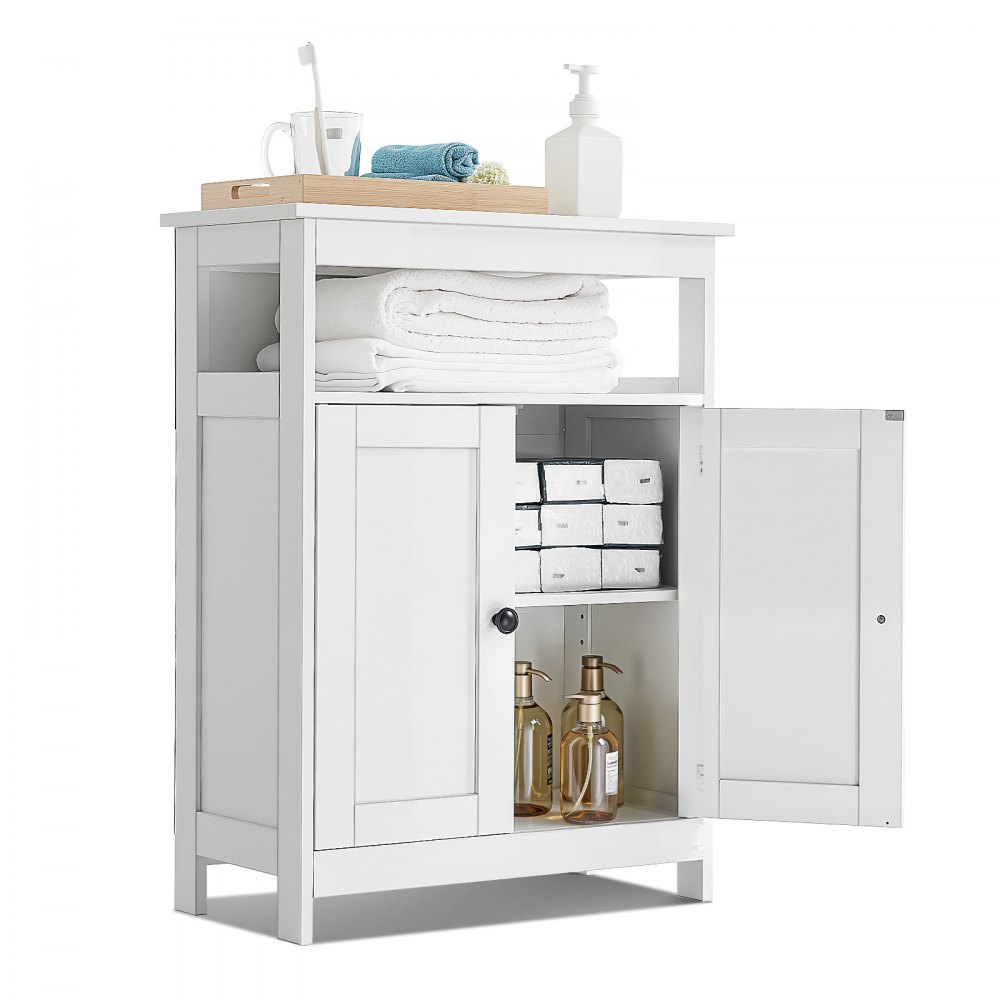 VEVOR Bathroom Floor Cabinet, 3-Tier, Wooden Storage Organizer with 2 Doors and Adjustable Shelf, Modern Bathroom Furniture Home Decor Freestanding Cupboard for Kitchen/Living Room/Entryway Use, White