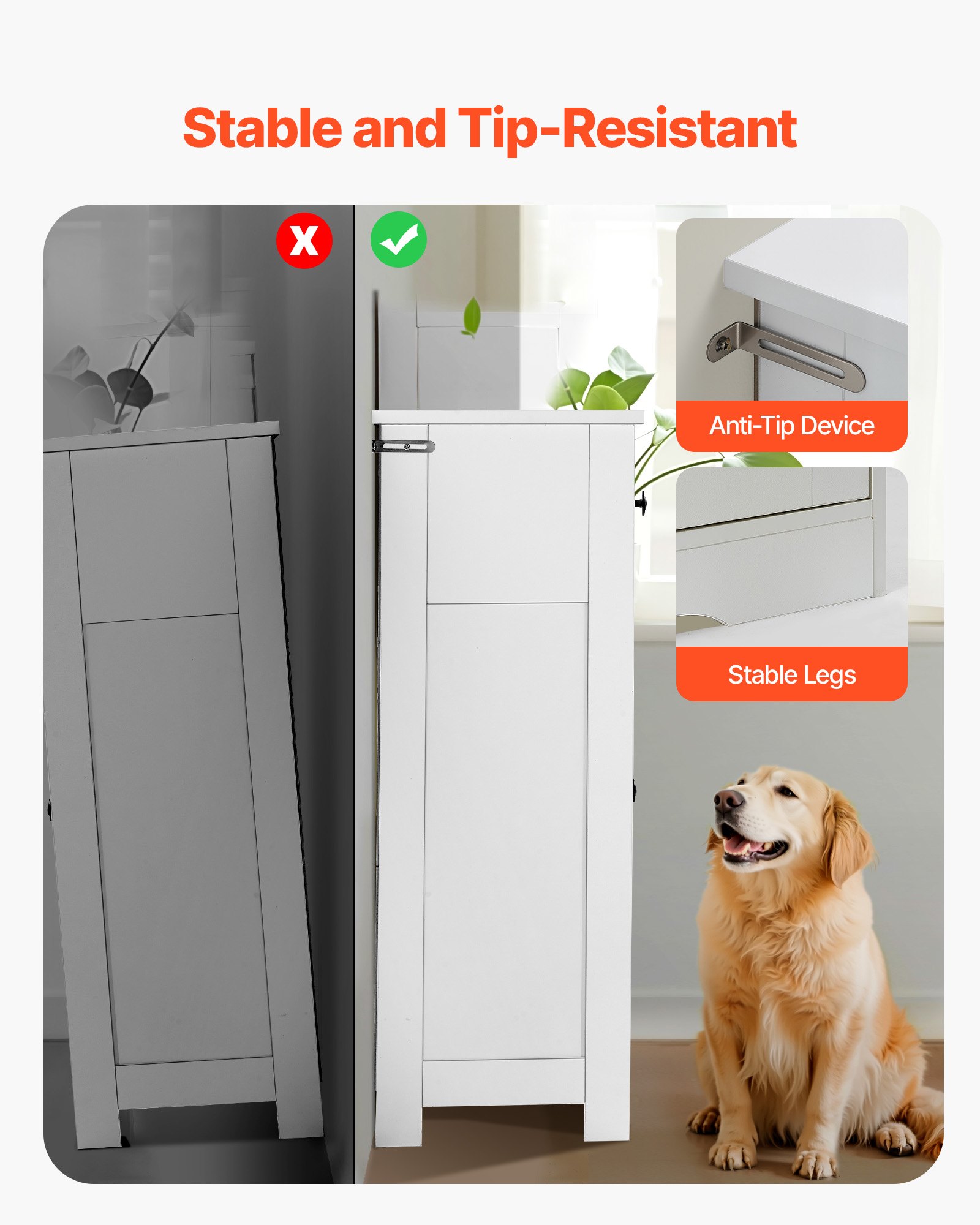 VEVOR Bathroom Floor Cabinet, 4-Tier, Wooden Storage Organizer with 2 Doors, 4 Drawers and Adjustable Shelf, Modern Home Furniture Freestanding Cupboard for Kitchen/Living Room/Entryway Use, White