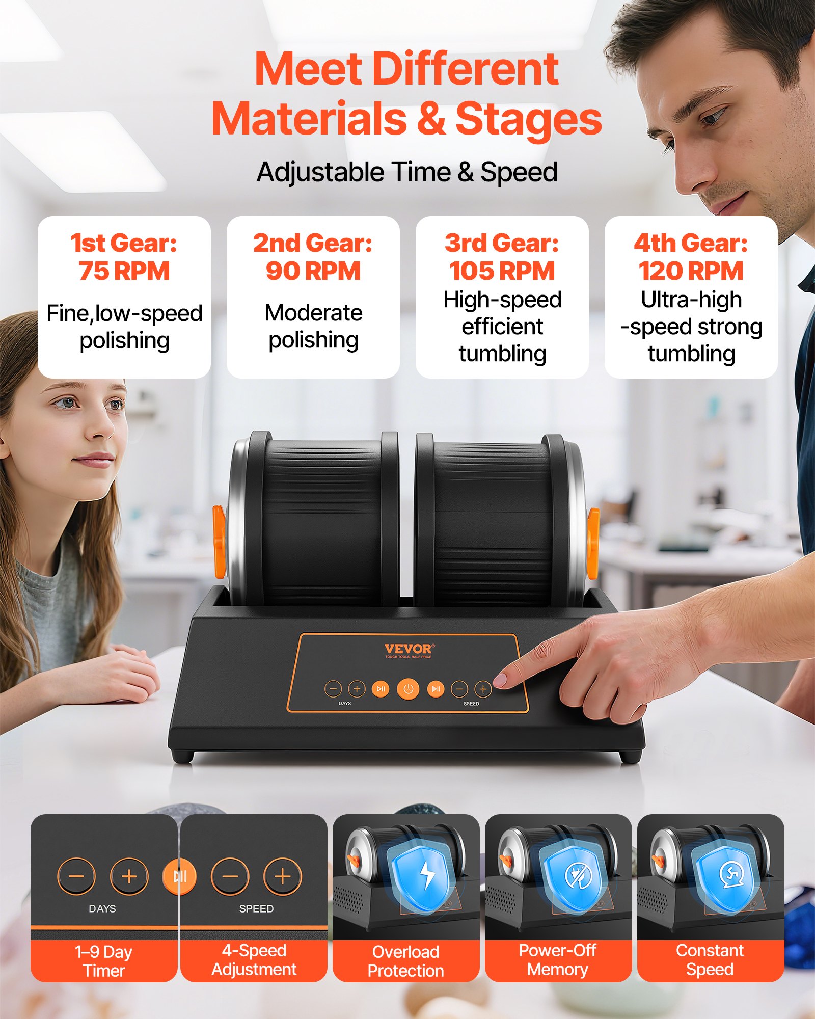 VEVOR elektrische polijstmachine, steenpolijstmachine met 3,63 kg dragende dubbele trommel, 4 snelheidsstanden, steenpolijstset met 9-daagse polijsttimer, intuïtief bedieningspaneel & adapter, zwart